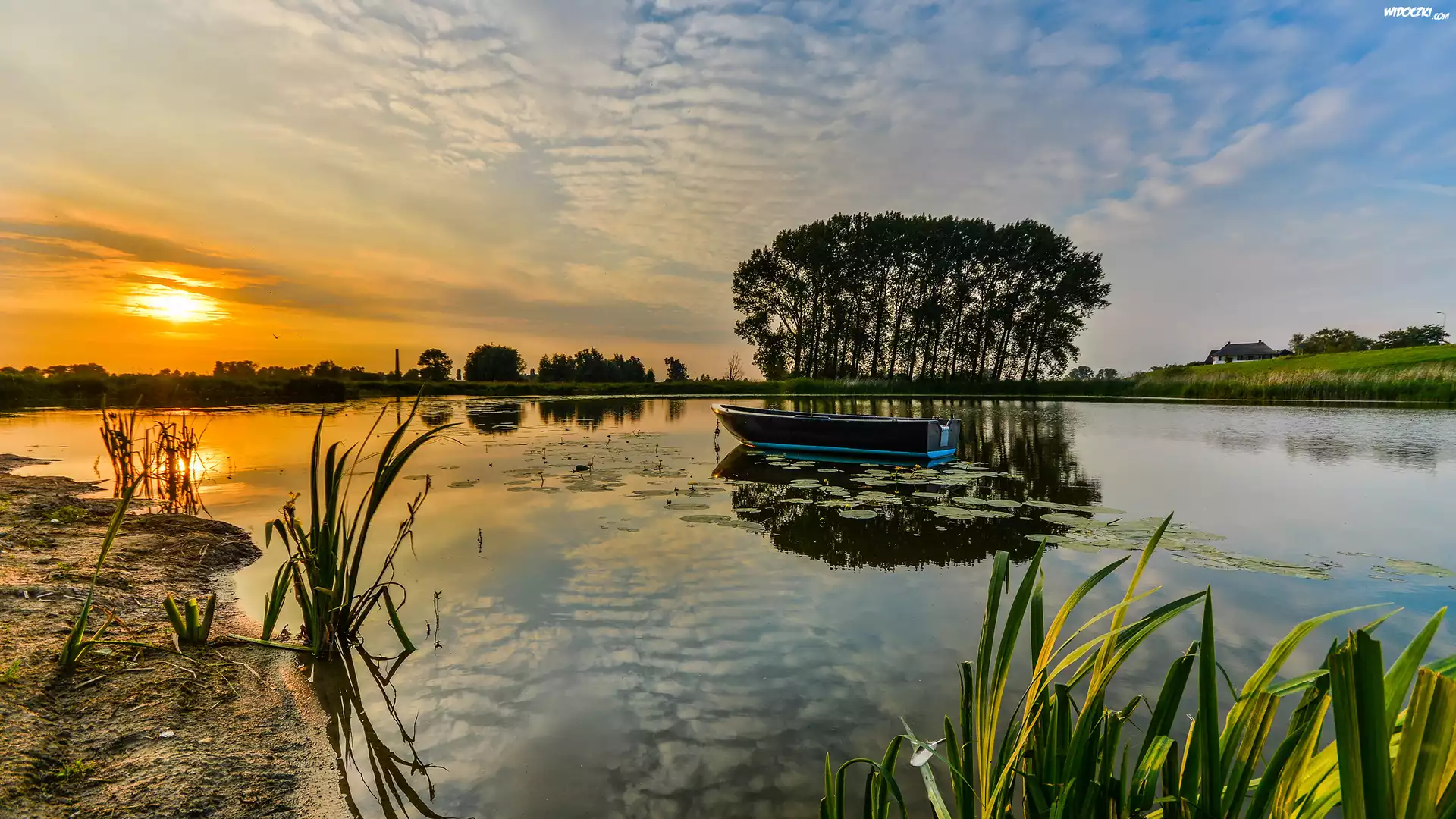 Łódka, Zachód Słońca, Staw