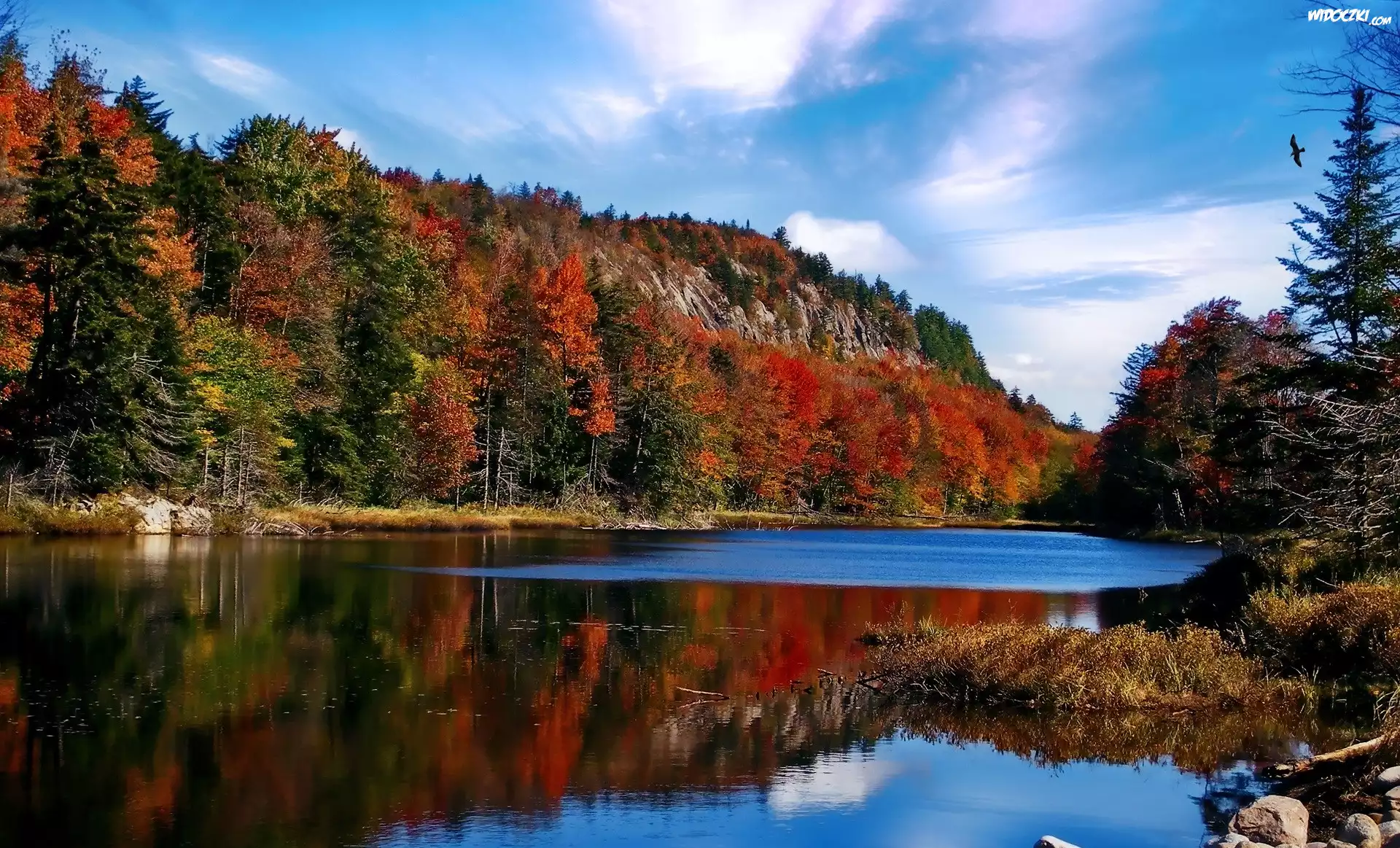 Stany Zjednoczone, Stan Nowy Jork, Adirondack Park, Jesień, Drzewa, Góry, Jezioro