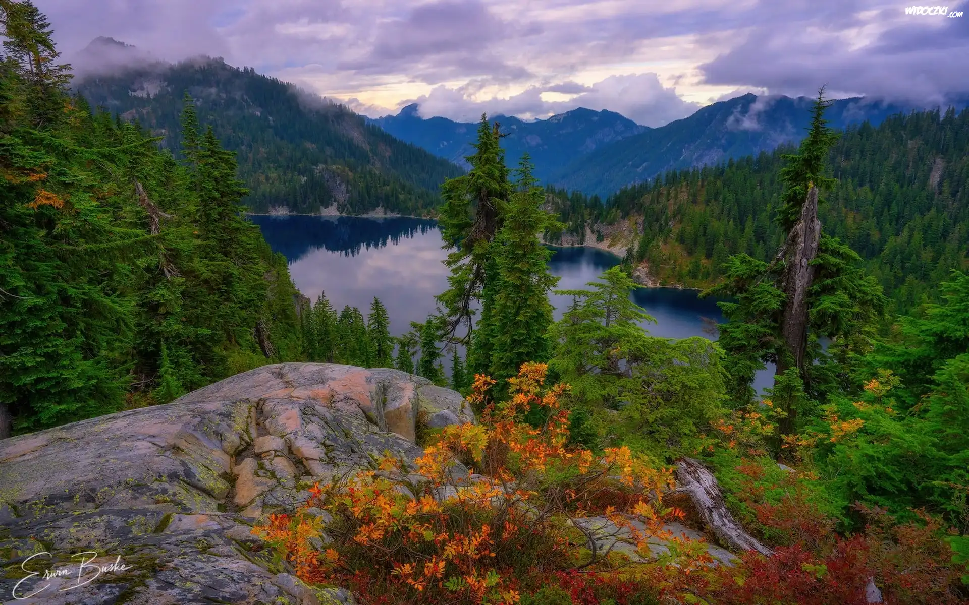 Stany Zjednoczone, Stan Waszyngton, Hrabstwo King County, Jezioro, Snow Lake, Góry, Skały, Drzewa, Chmury, Mgła