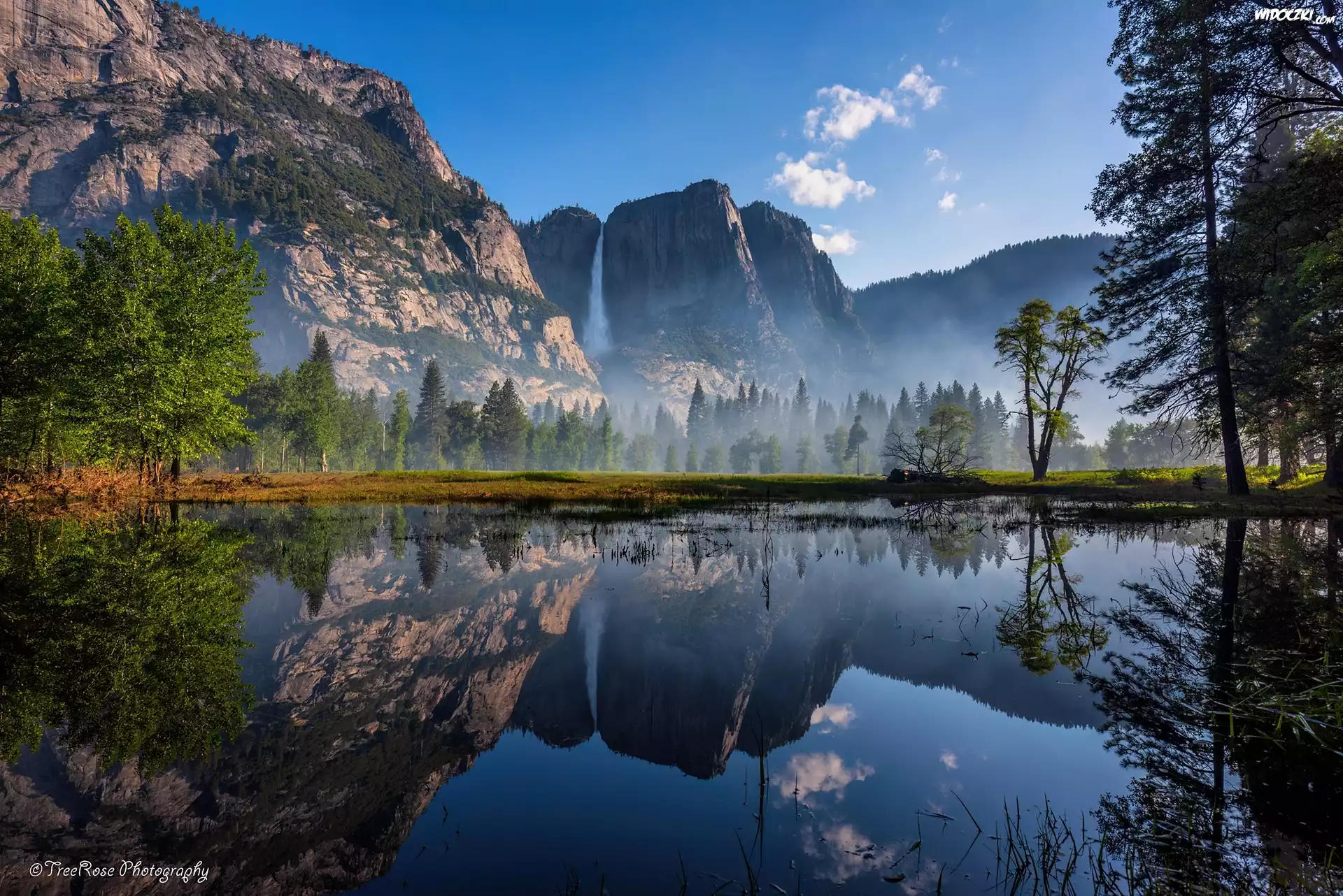 Stany Zjednoczone, Kalifornia, Park Narodowy Yosemite, Góry, Rzeka, Drzewa, Odbicie