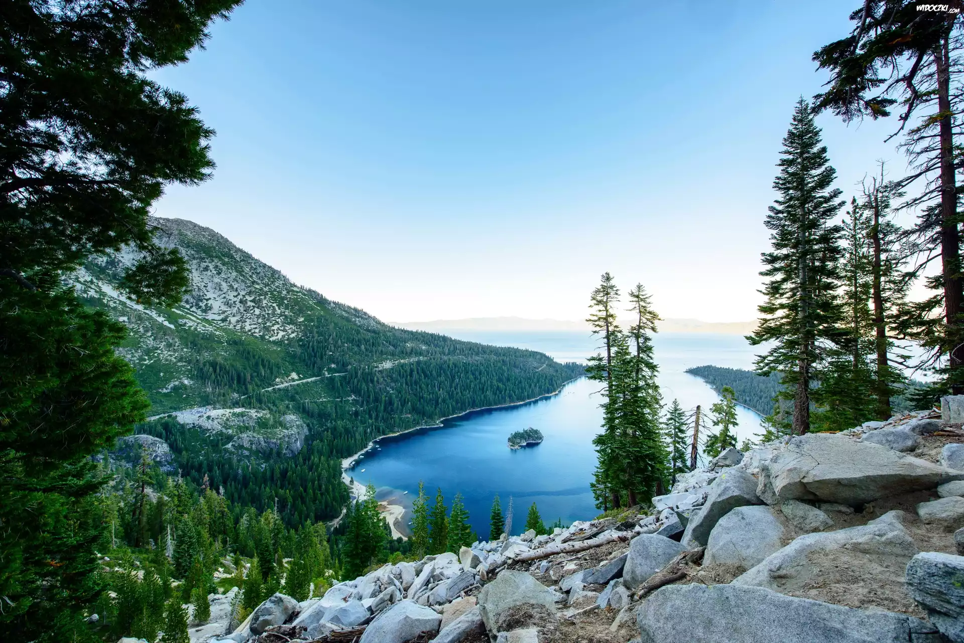 Stany Zjednoczone, Stan Kalifornia, Park stanowy Emerald Bay, Góry, Jezioro Tahoe, Las, Wyspa Fannette, Świerki