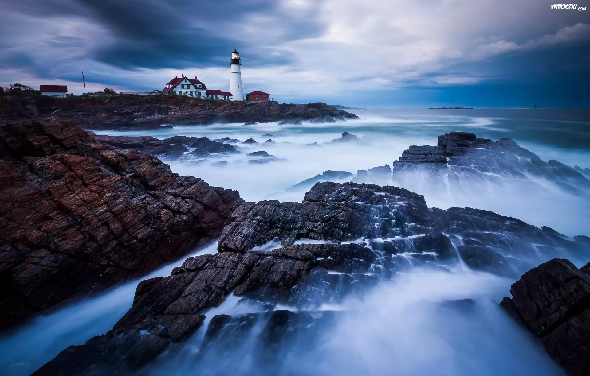 Stany Zjednoczone, Stan Maine, Zatoka Casco, Cape Elizabeth, Latarnia morska Portland Head Light, Morze, Skały
