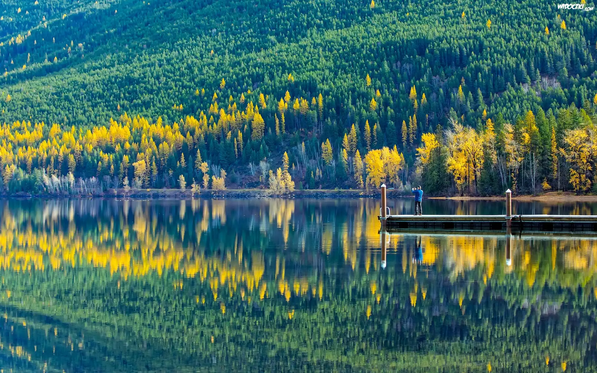 Stany Zjednoczone, Montana, Park Narodowy Glacier, Jezioro, Lake McDonald, Pomost, Mężczyzna, Góry, Lasy