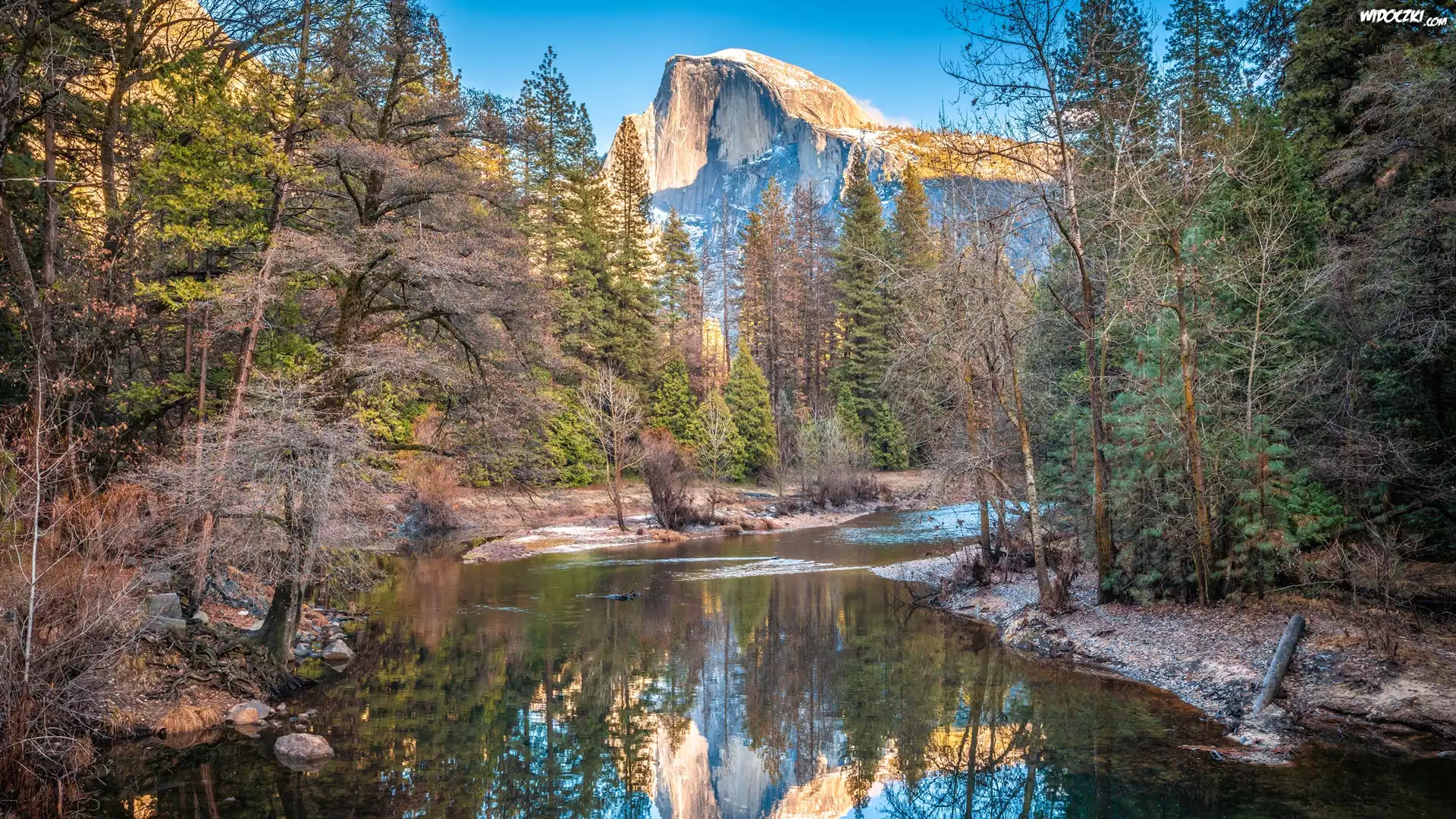 Stany Zjednoczone, Kalifornia, Park Narodowy Yosemite, Góry Sierra Nevada, Szczyt El Capitan, Rzeka Merced River, Drzewa
