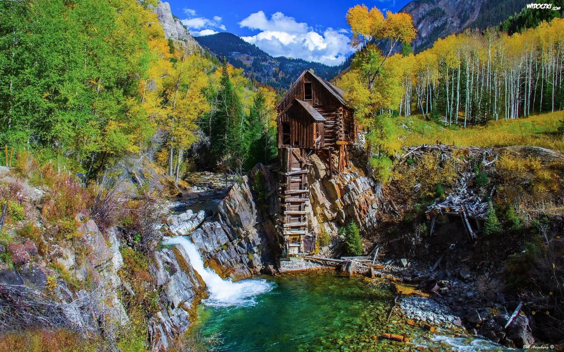 Stany Zjednoczone, Kolorado, Młyn, Crystal Mill, Rzeka, Skały, Drzewa