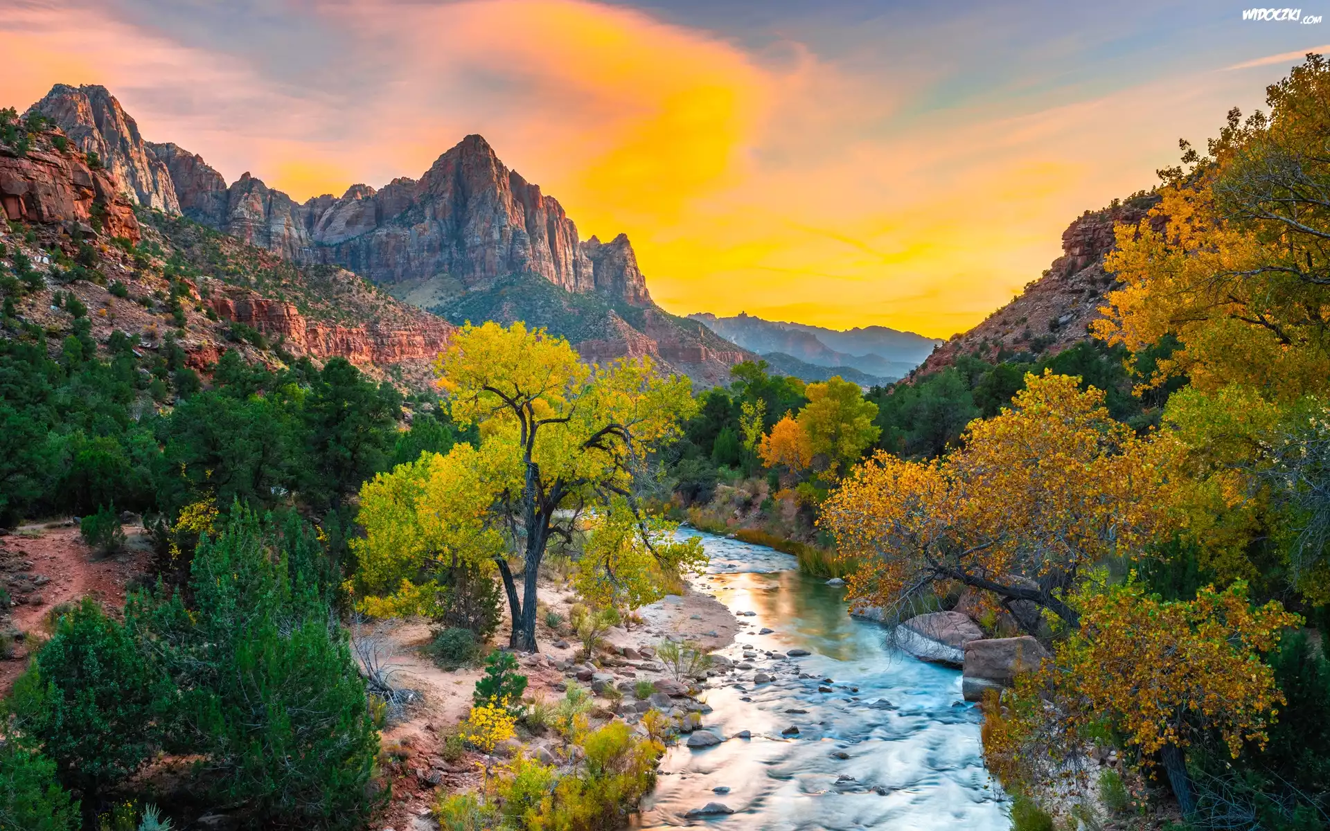 Stany Zjednoczone, Stan Utah, Park Narodowy Zion, Góry Watchman, Rzeka Virgin River, Kamienie, Drzewa, Wschód słońca