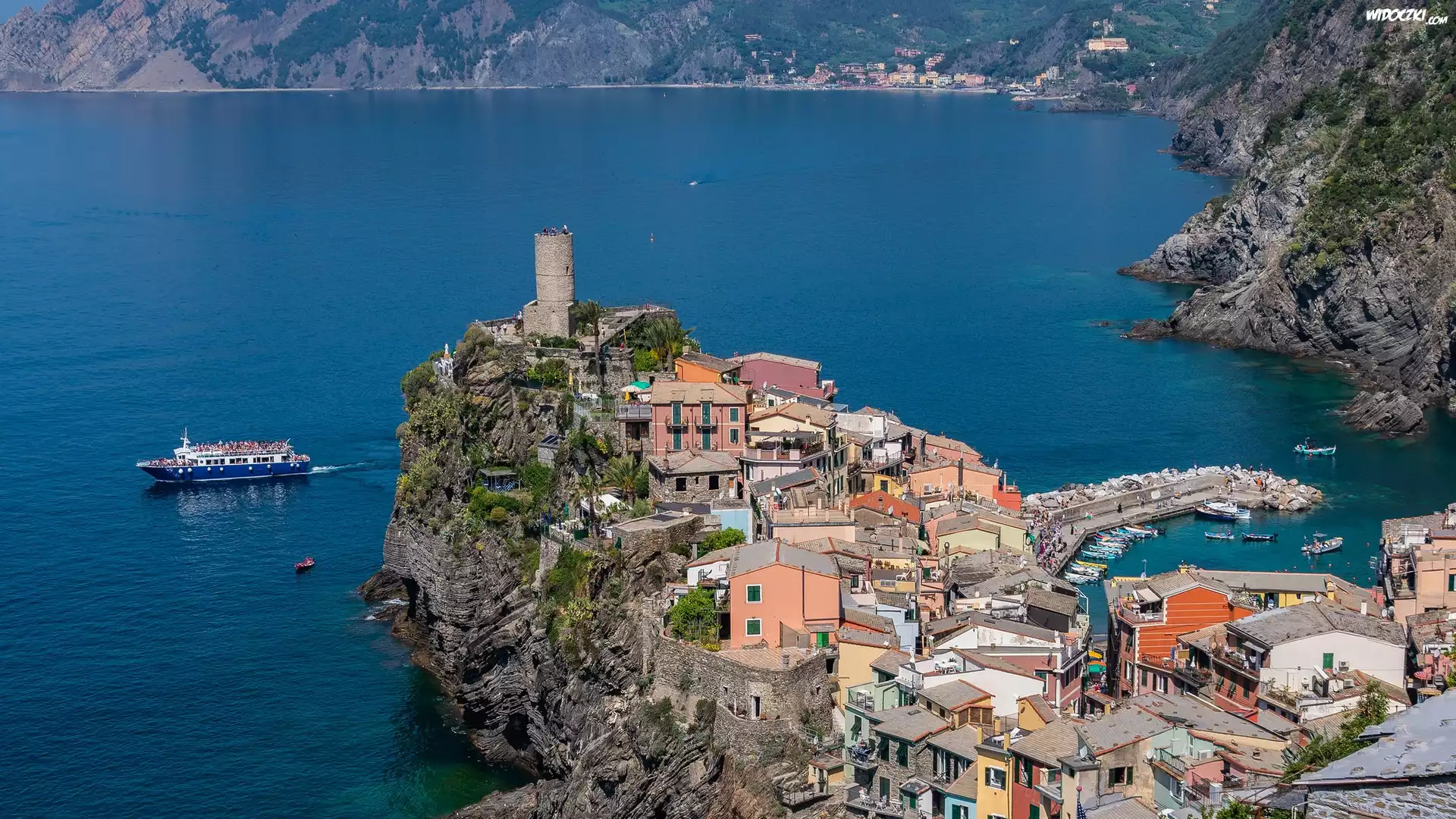 Morze, Skały, Domy, Statek, Vernazza, Włochy