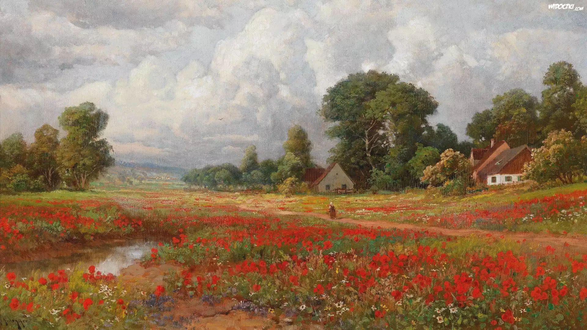 Malarstwo, Alois Arnegger, Wieś, Domy, Łąka, Maki, Drzewa, Staw