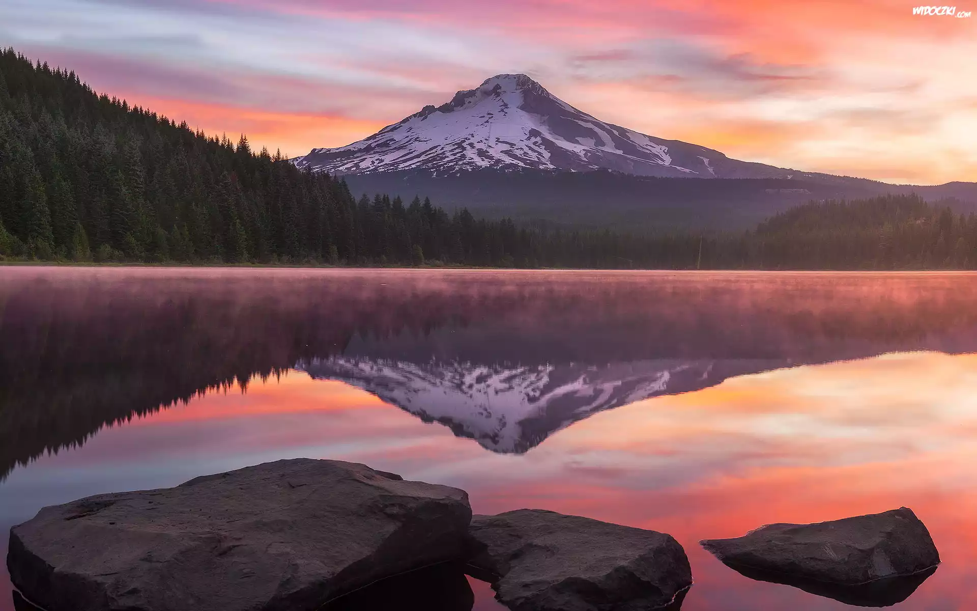 Jezioro, Trillium Lake, Góra, Stratowulkan, Mount Hood, Drzewa, Lasy, Kamienie, Stan Oregon, Stany Zjednoczone