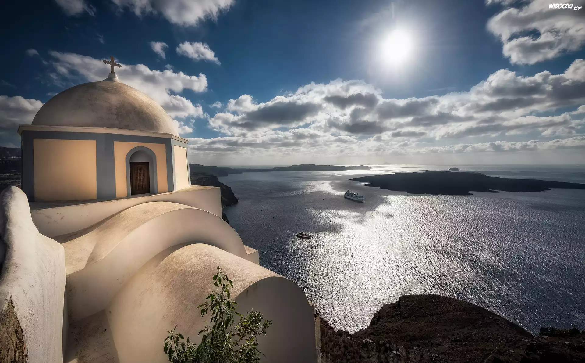 Grecja, Santorini, Wschód słońca, Świt, Morze Egejskie, Kościół Agios Stylianos