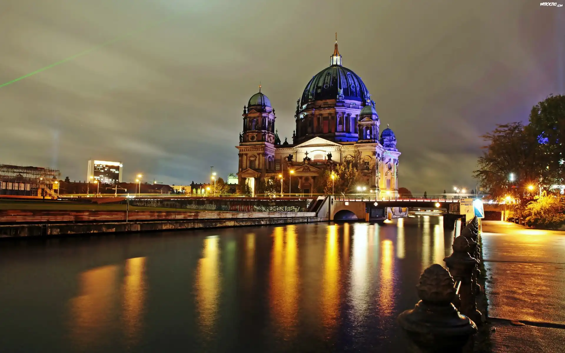 Rzeka, Szprewa, Most, Katedra, Berlin, Miasto, NocÄ…
