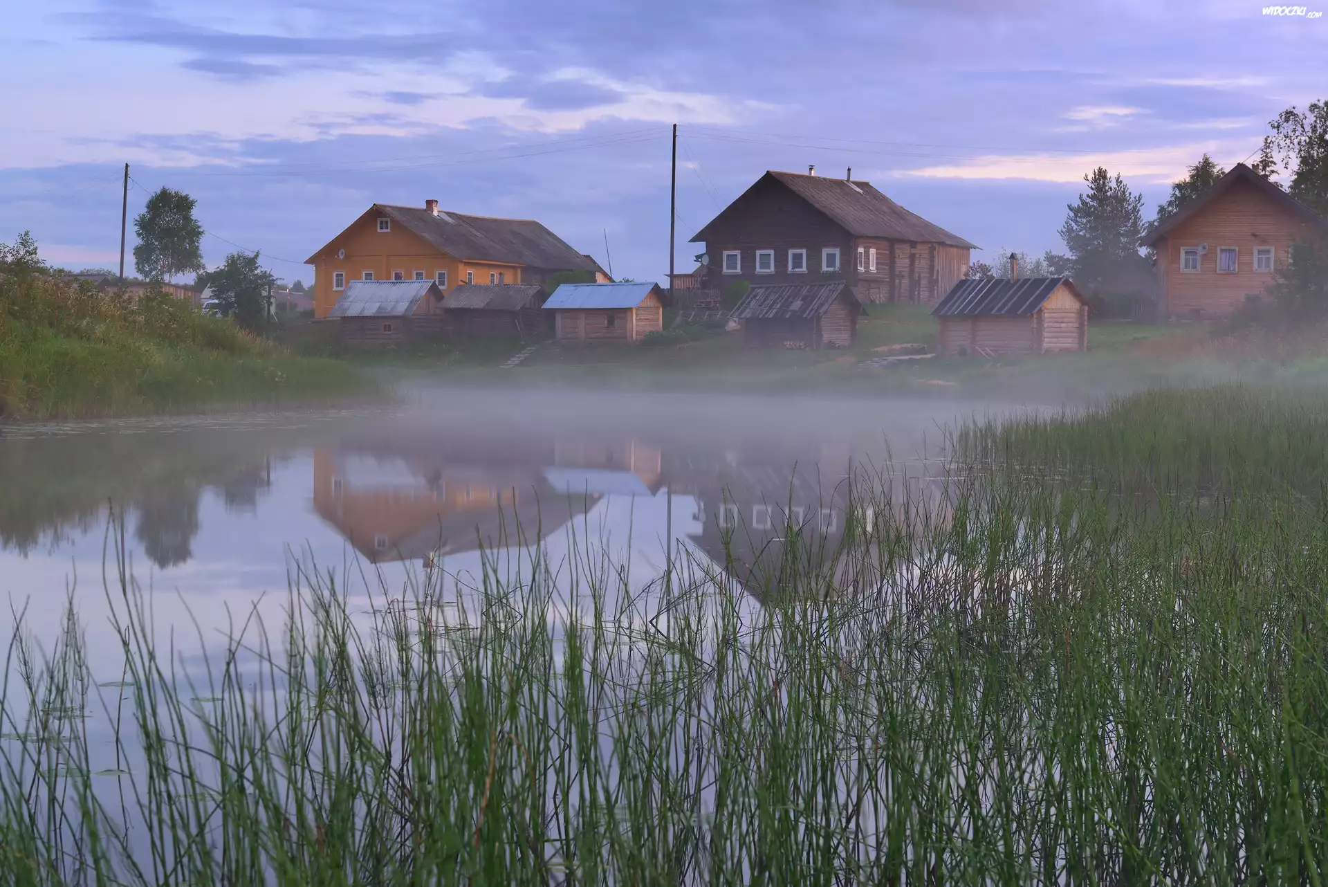 Staw, Szuwary, Drewniane, Domy, Mgła, Odbicie, Wieś