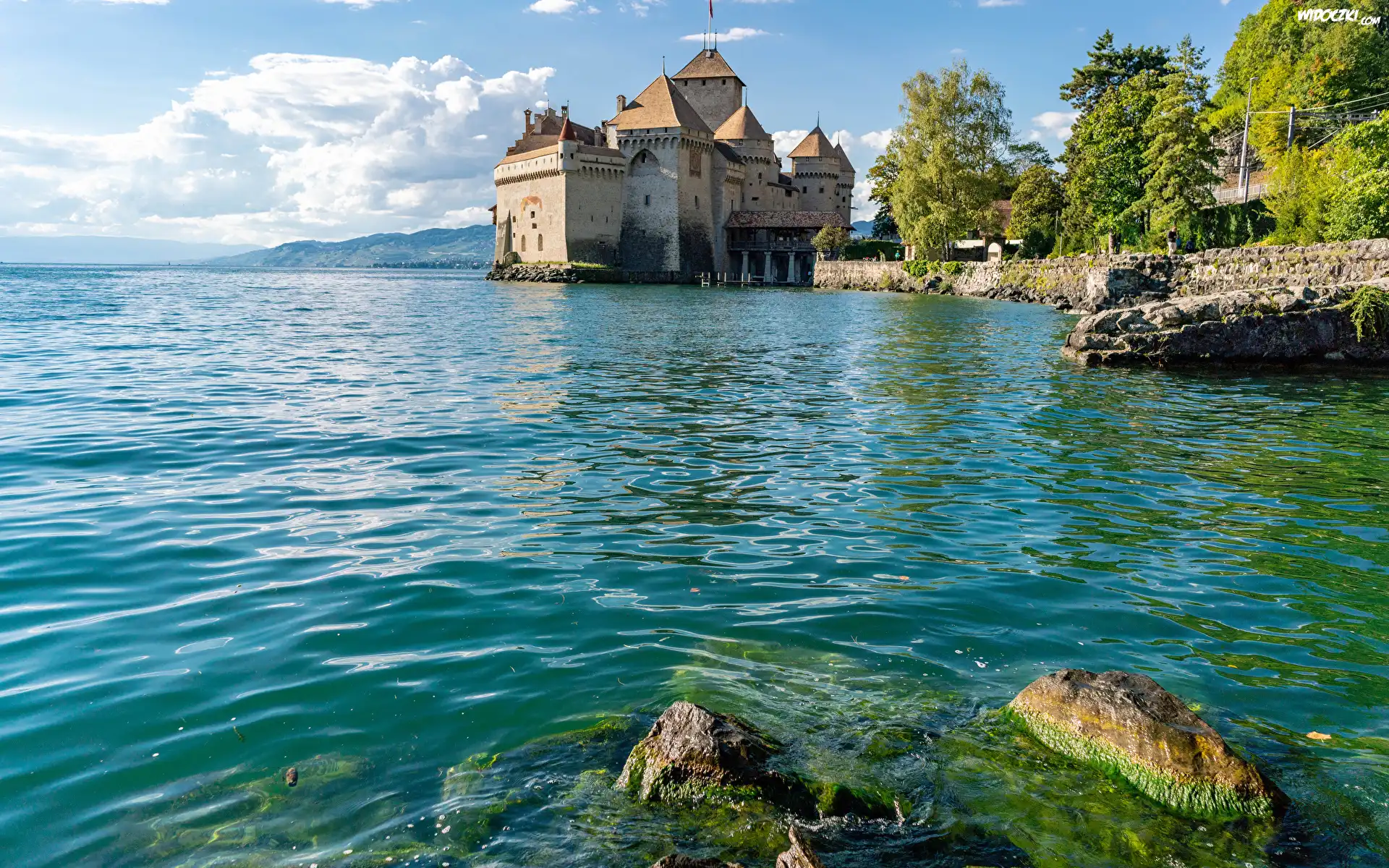 Szwajcaria, Kanton Vaud, Jezioro Genewskie, Zamek Chillon, Mur, Kamienie, Drzewa