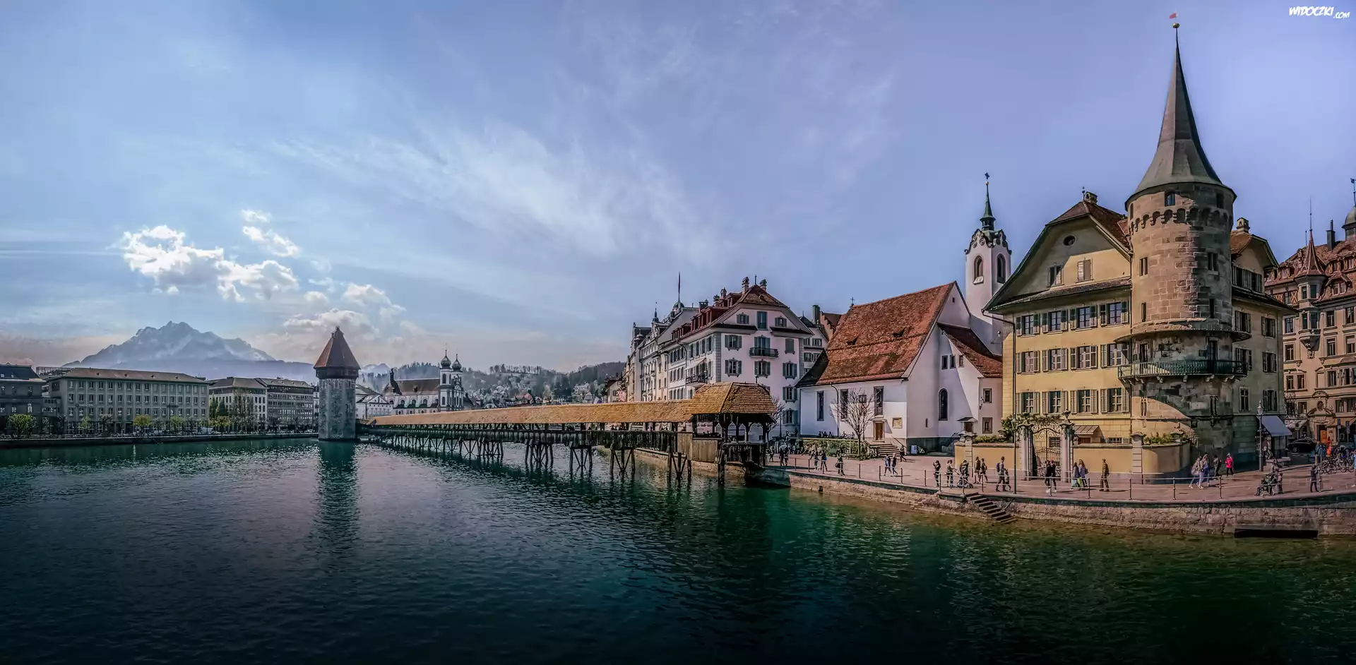 Szwajcaria, Lucerna, Most Kapellbrucke, Rzeka Reuss, Wieża, Góry, Domy