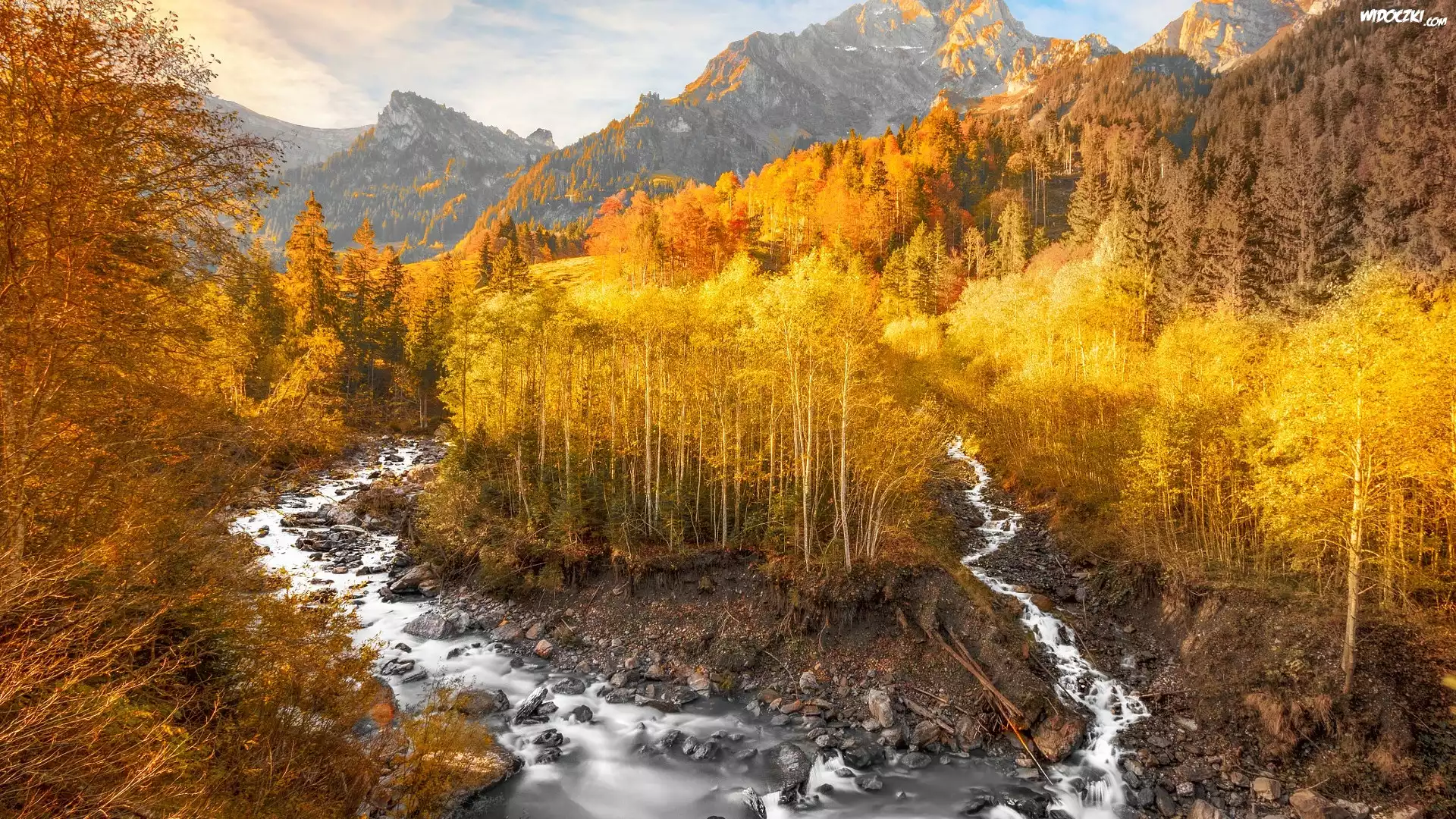 Jesień, Góry, Żółte, Drzewa, Kamienie, Rzeka, Grindelwald, Szwajcaria