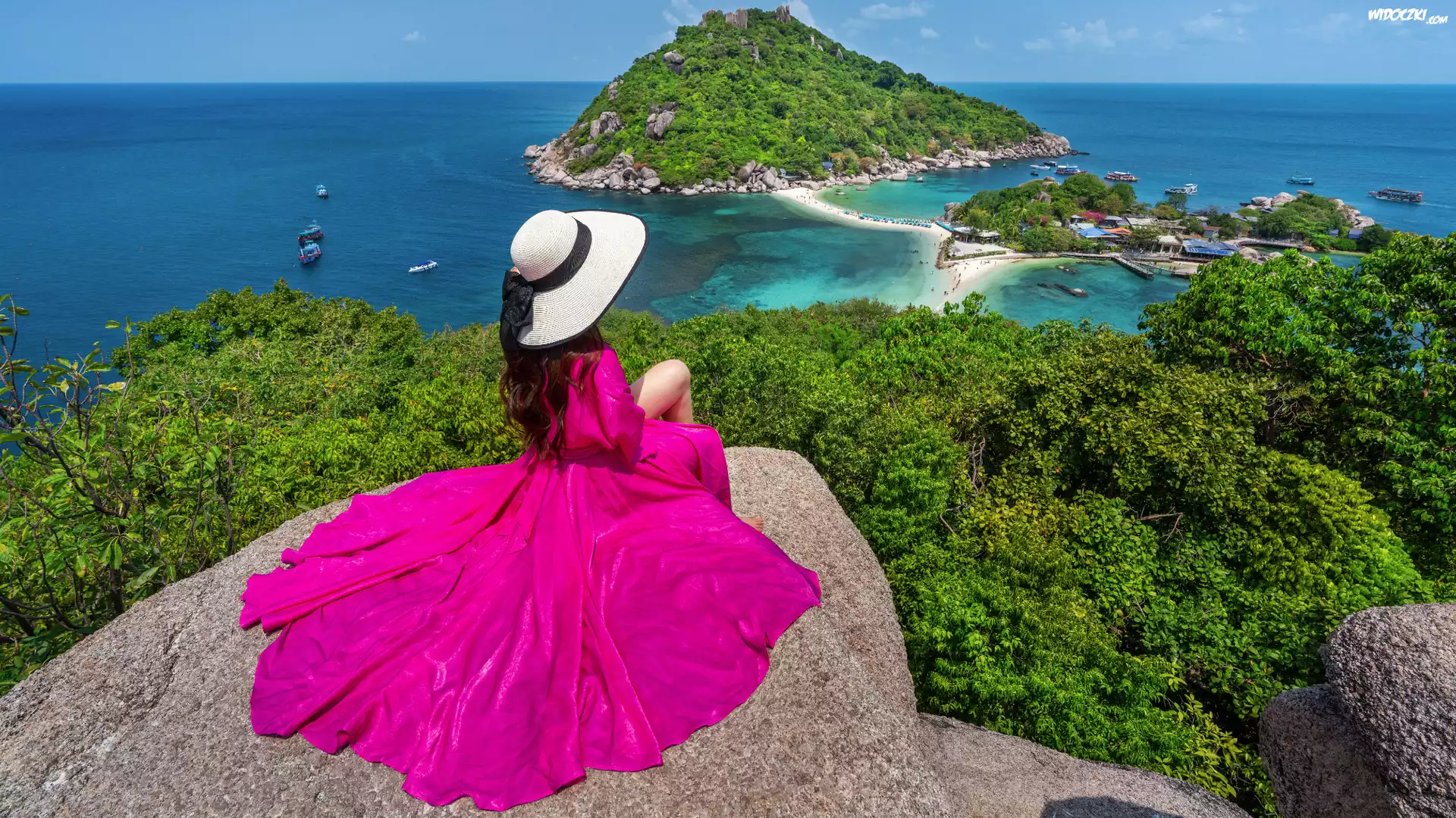 Kobieta, Kapelusz, Różowa, Sukienka, Drzewa, Skały, Morze Andamańskie, Wyspy, Tajlandia