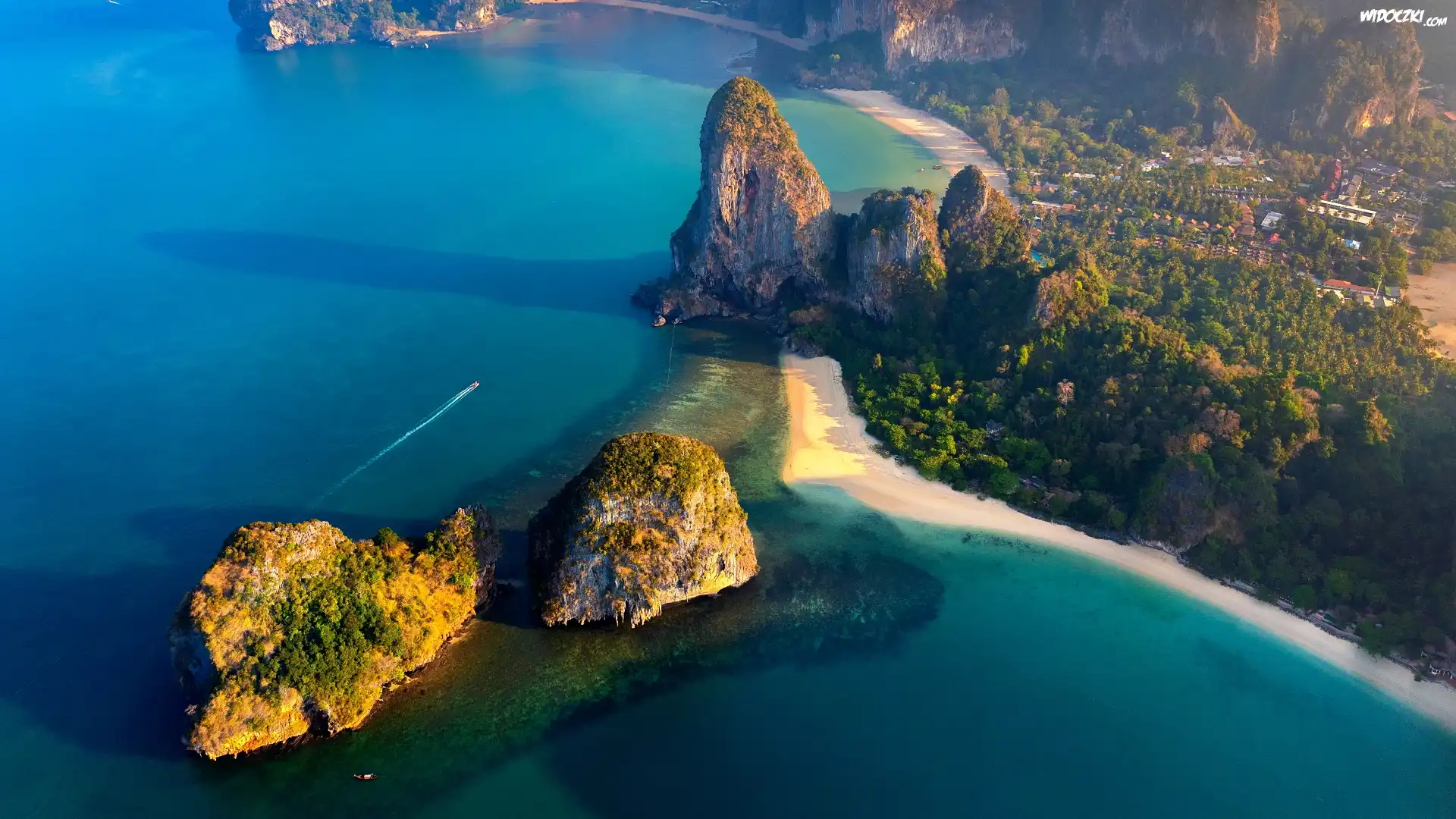 Morze Andamańskie, Wyspa Phangan, Plaże, Prowincja Krabi, Skały, Drzewa, Tajlandia