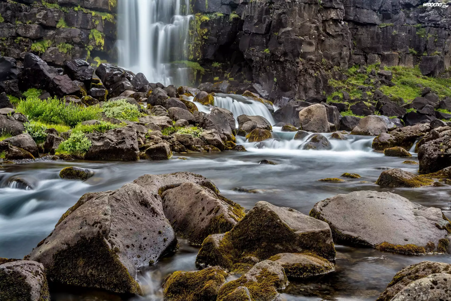 Wodospad Oxararfoss, Park Narodowy Thingvellir, Obszar Þingvellir, Islandia, Rzeka Oxara, SkaÅ‚y, Kamienie, RoÅ›liny