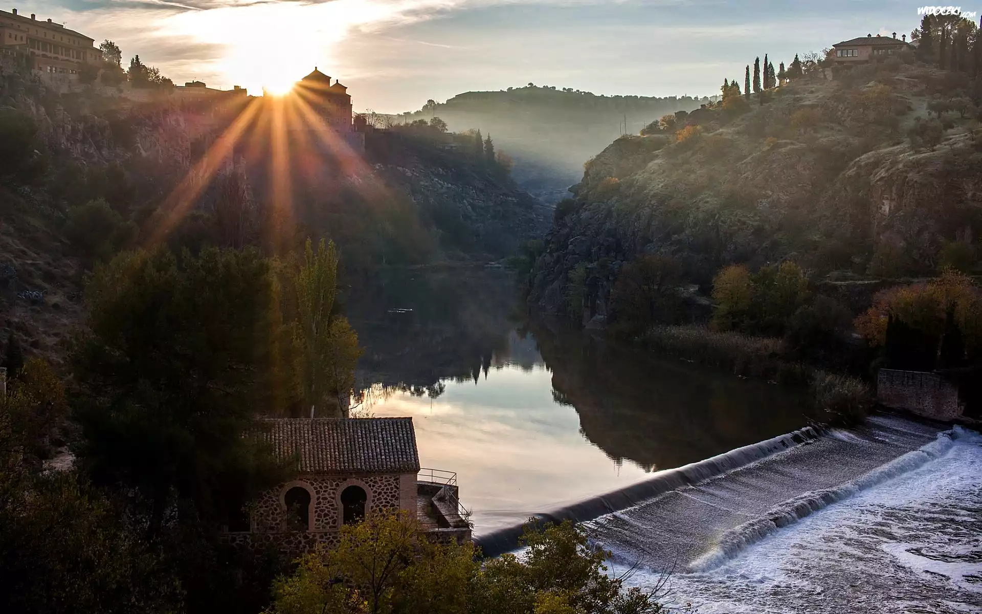 Hiszpania, Toledo, Rzeka Tag, Góry, Wschód Słońca