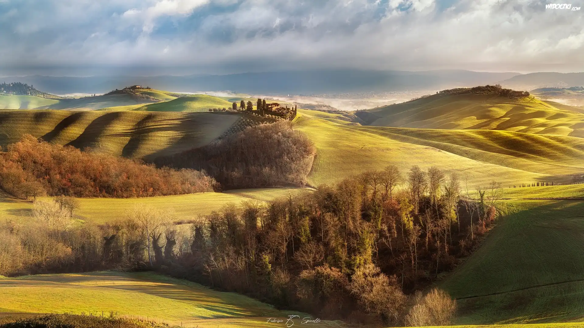 Włochy, Toskania, Asciano, Crete Senesi, Wzgórza, Drzewa, Jesień