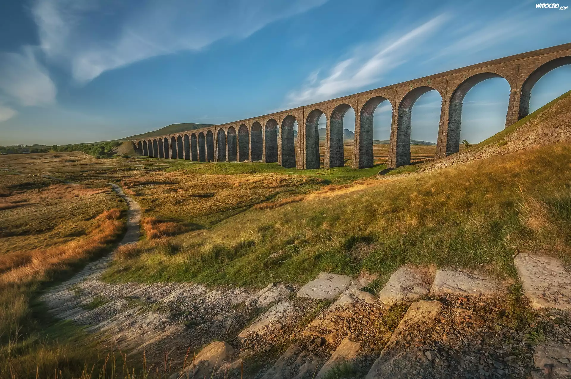 Anglia, Yorkshire, Wiadukt kolejowy Ribblehead, Most, Kamienie, Dróżka, Trawa