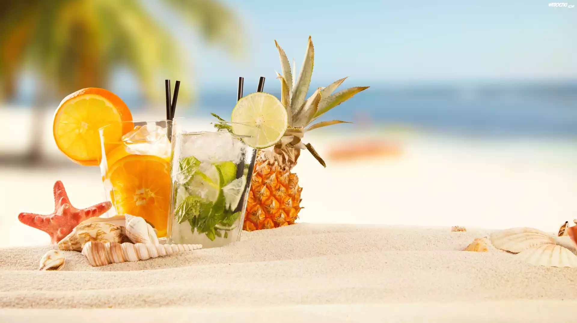 Tropikalna, Plaża, Kolorowe, Drinki, Lato