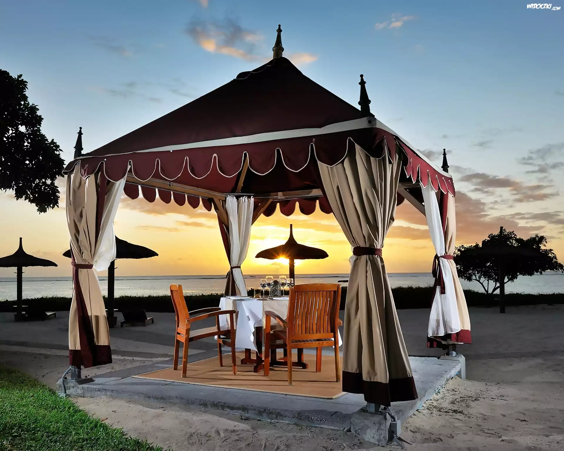 Tropiki, Zachód, Słońca, Morze, Plaża, Restauracja