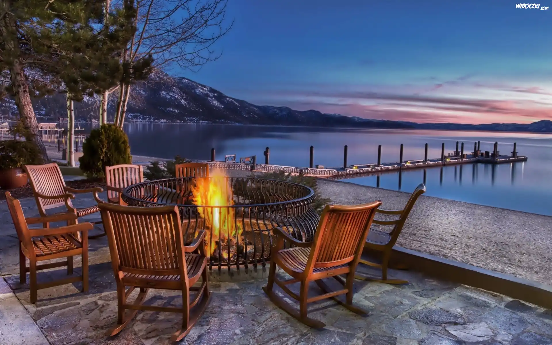Jezioro Tahoe, Molo, Ognisko, Kurort, Góry, Sierra Nevada, Zmierzch, USA