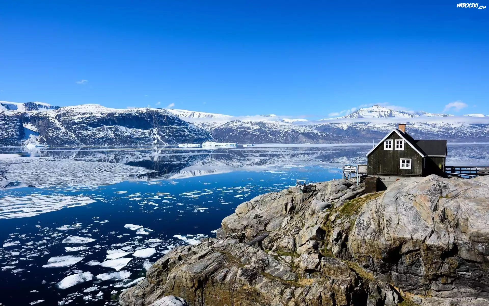 Wyspa Uummannaq, Grenlandia, Dom, Góry, Rzeka, Zima