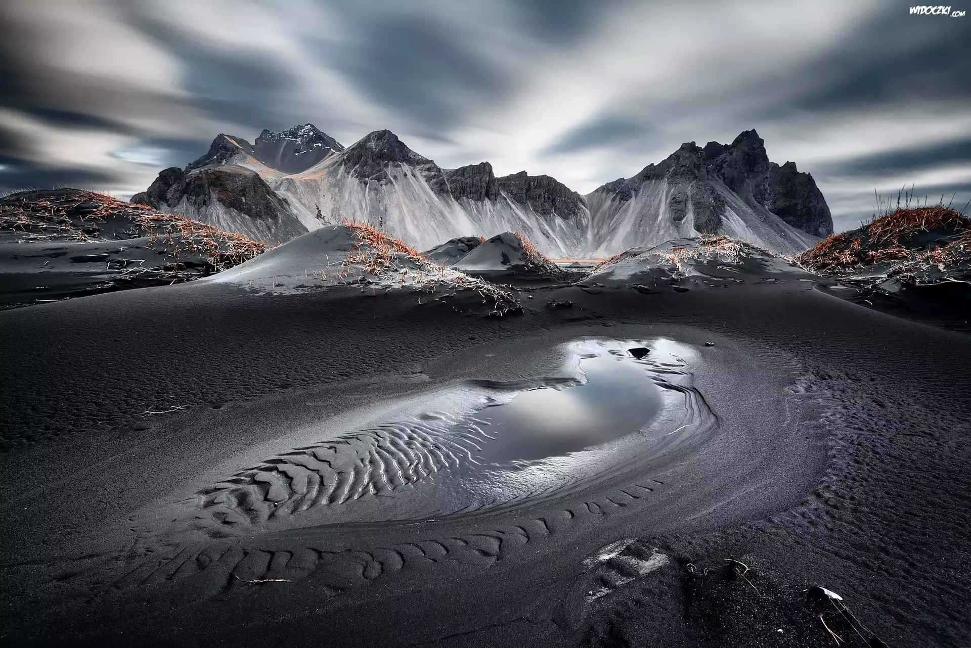Góra Vestrahorn, Góry, Plaża Stokksnes, Islandia, Ciemny, Piasek