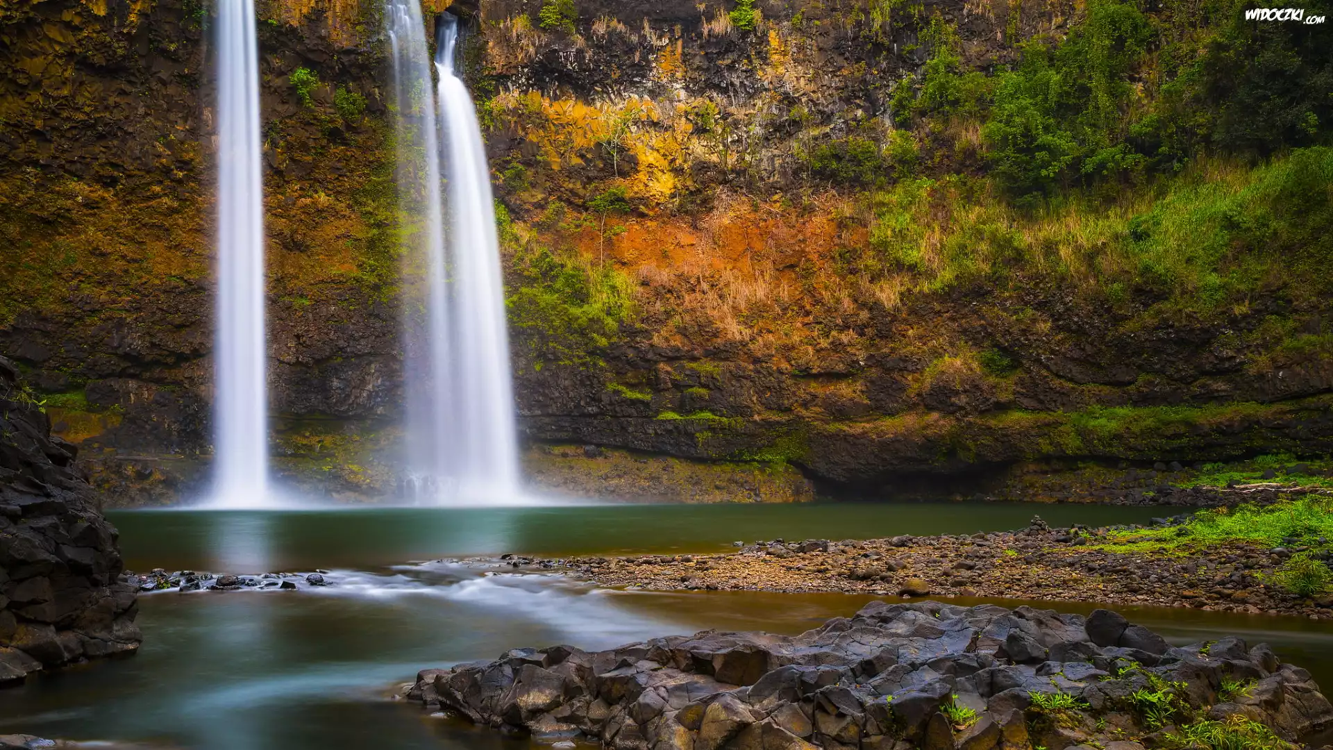 Wodospad Wailua Falls, Skała, Roślinność, Rzeka, Kauai, Hawaje