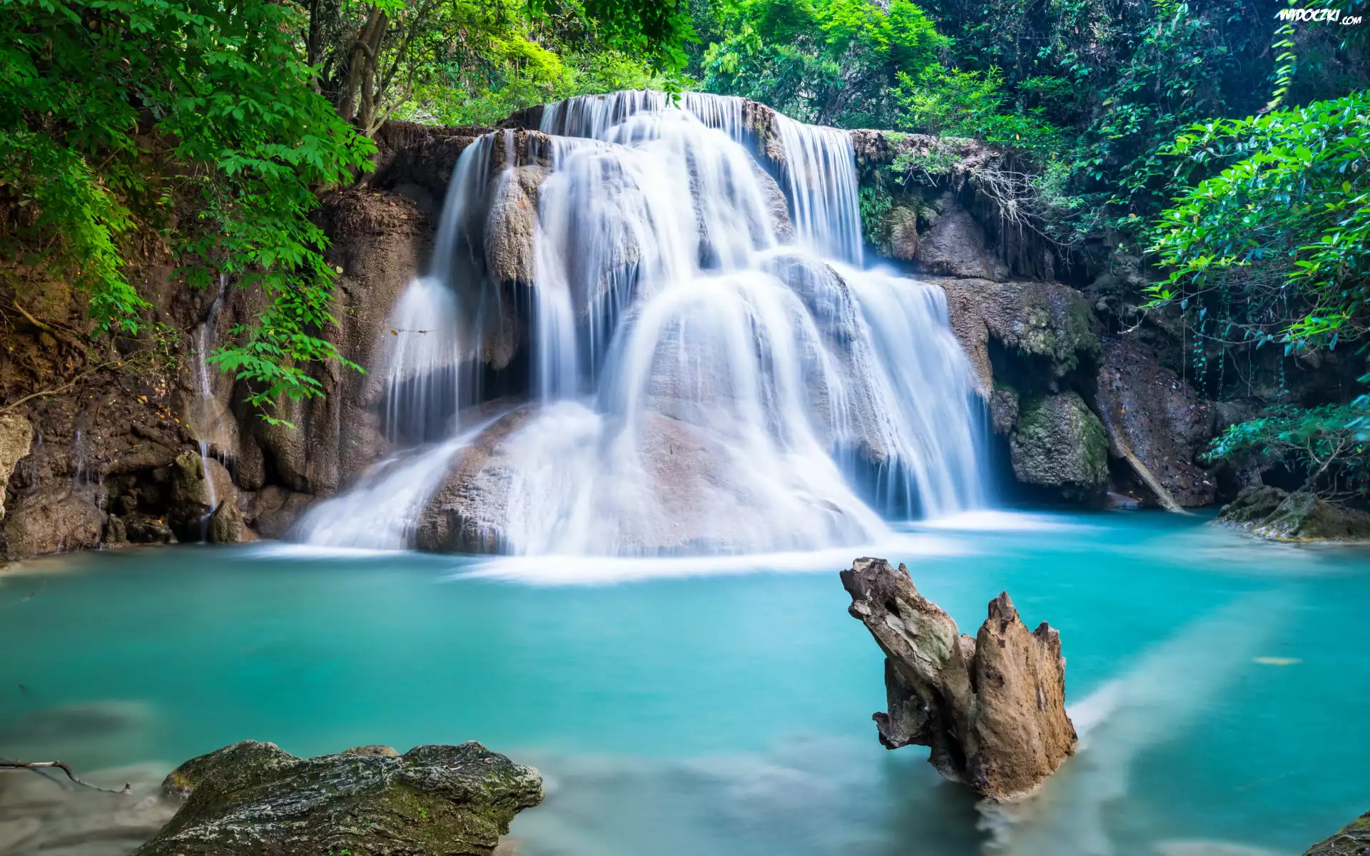 Wodospad, Huay Mae Khamin Waterfall, Skały, Kamienie, Rzeka, Mech, Las, Drzewa, Krzewy, Rośliny, Tajlandia