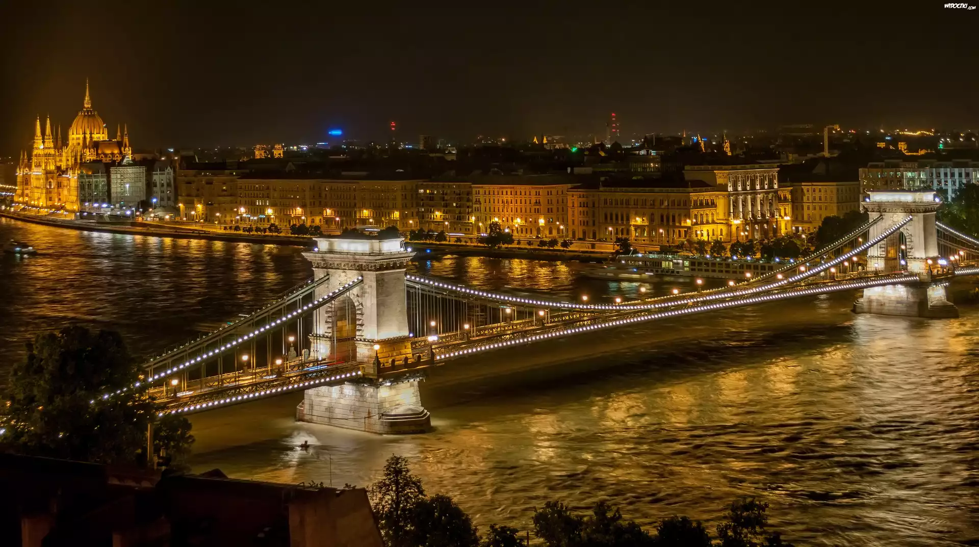 Węgry, Budapeszt, Miasto, Noc, Most, Rzeka