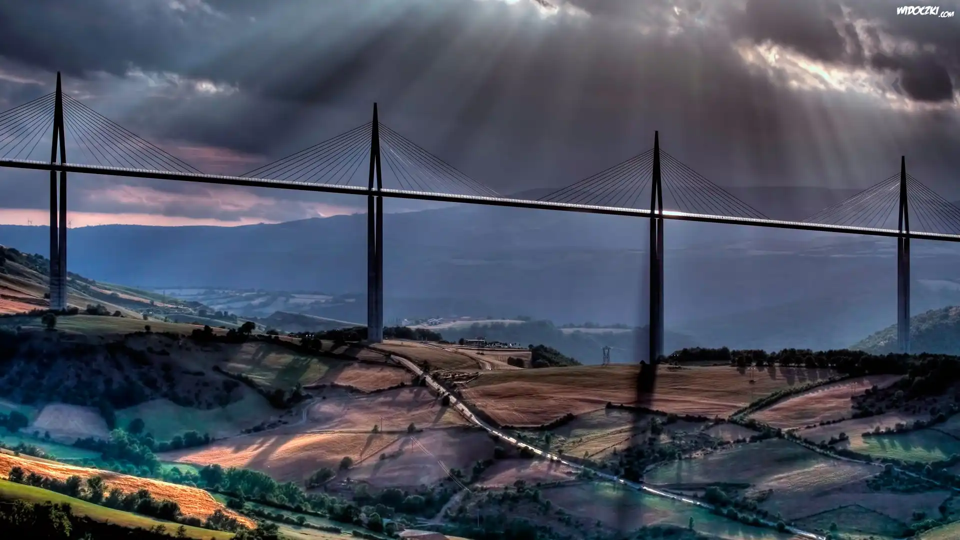 Francja, Millau-Millau, Le Wiadukt Millau, Dolina, Rzeki, Tarn, Pola uprawne, Wzgórza, Promienie, Słońca