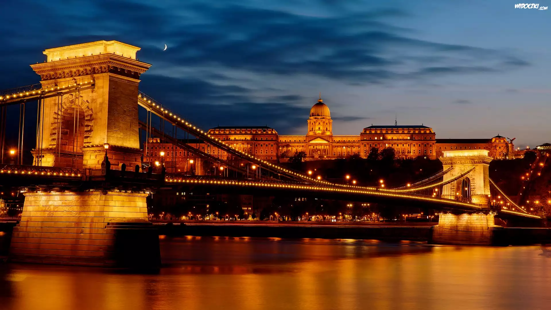 Węgry, Budapeszt, Rzeka Dunaj, Most Łańcuchowy, Parlament, Noc, Światła