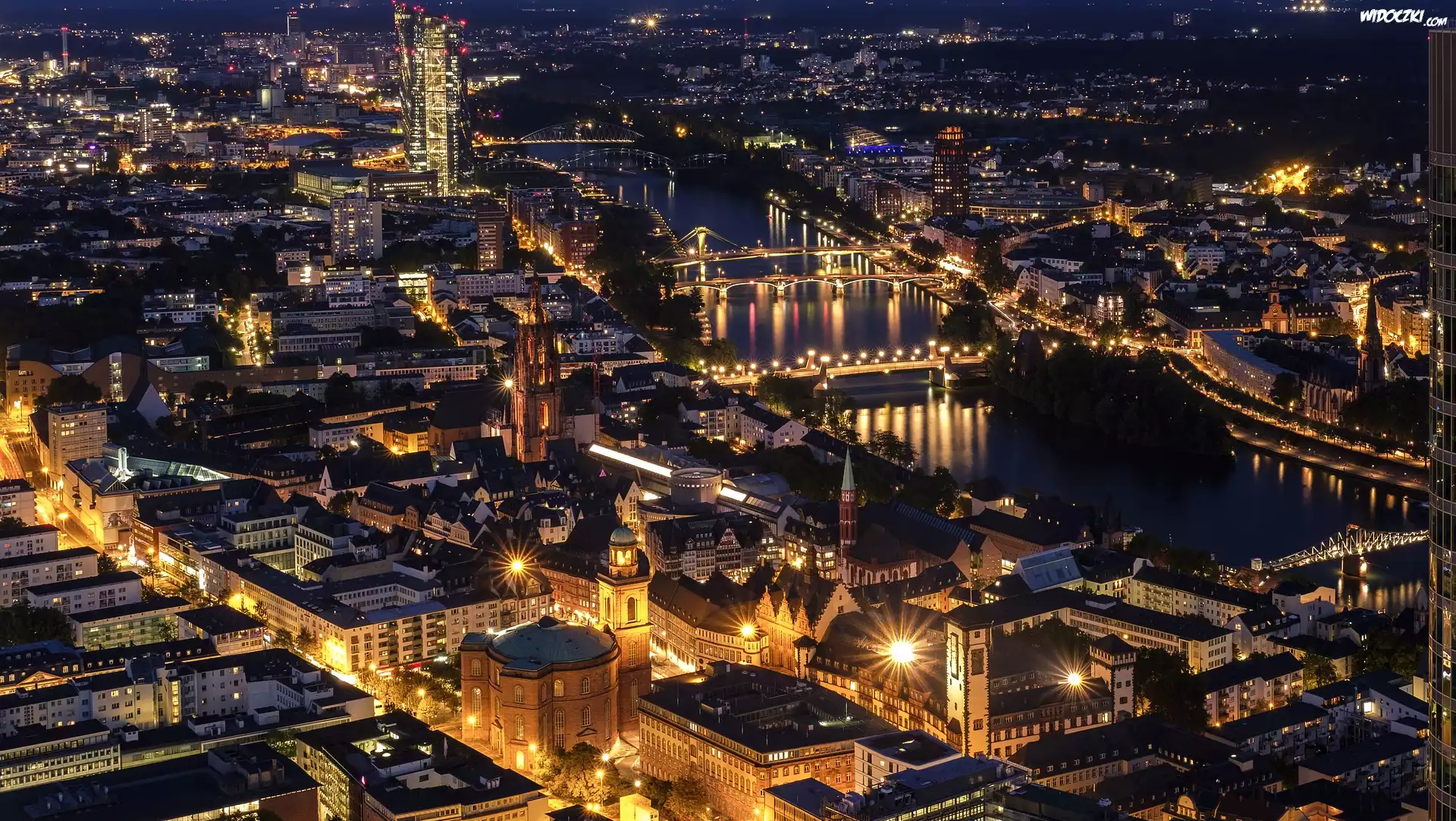 Niemcy, Frankfurt nad Menem, Rzeka Men, Budynki, Mosty, Noc, Światła