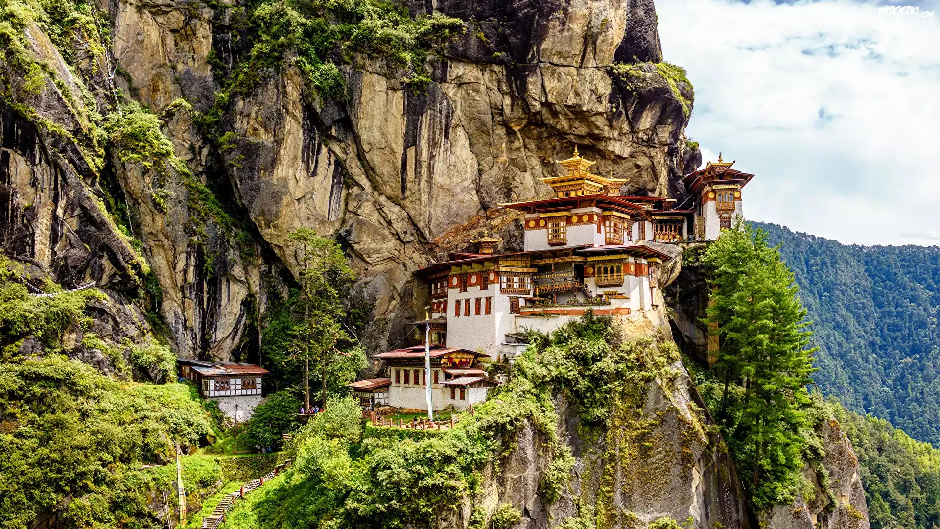 Świątynia, Paro Taktsang, Góry, Skały, Drzewa, Bhutan