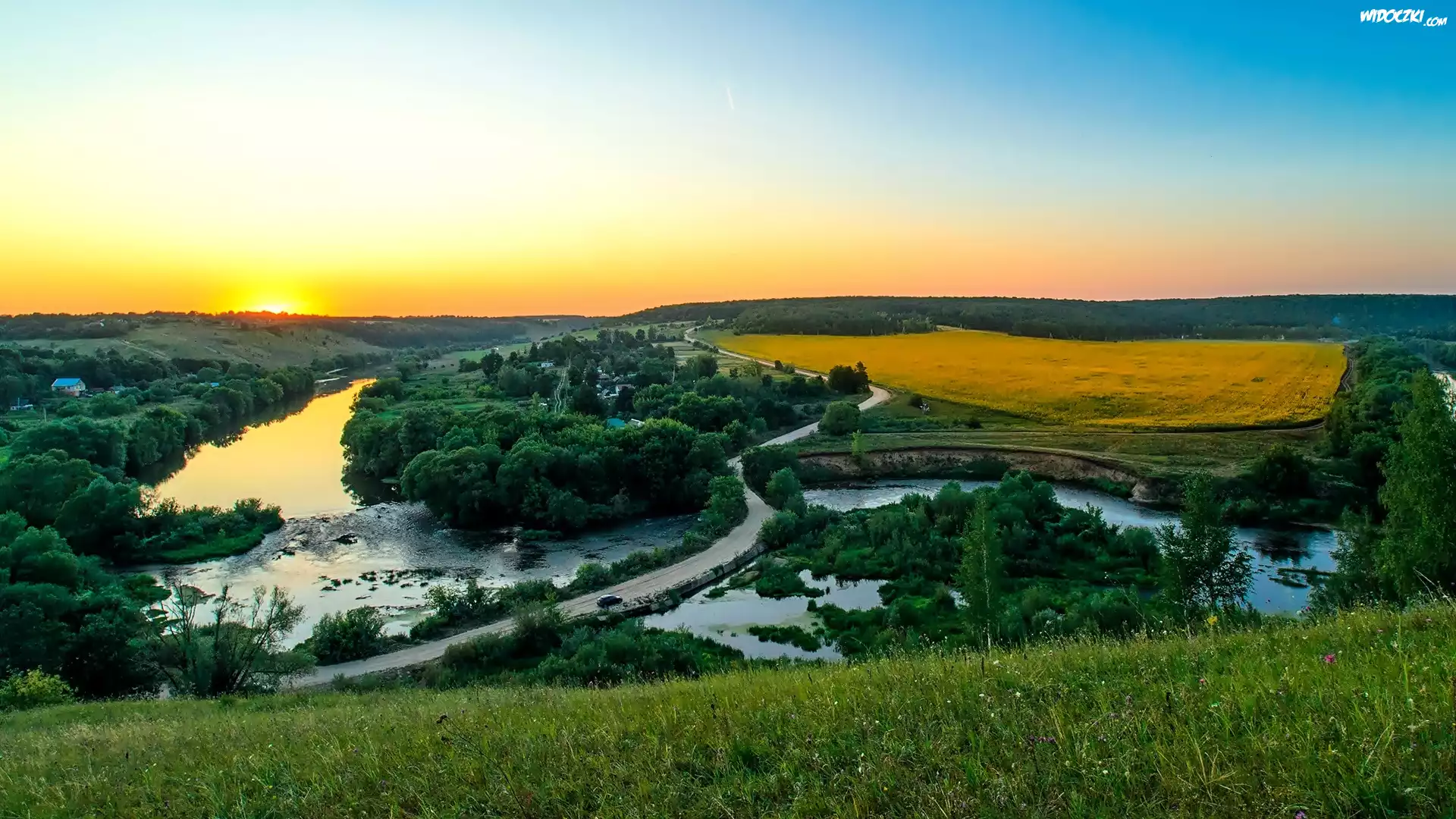 Rzeki, Widok, Z, Lotu, Ptaka, Zachód, Słońca