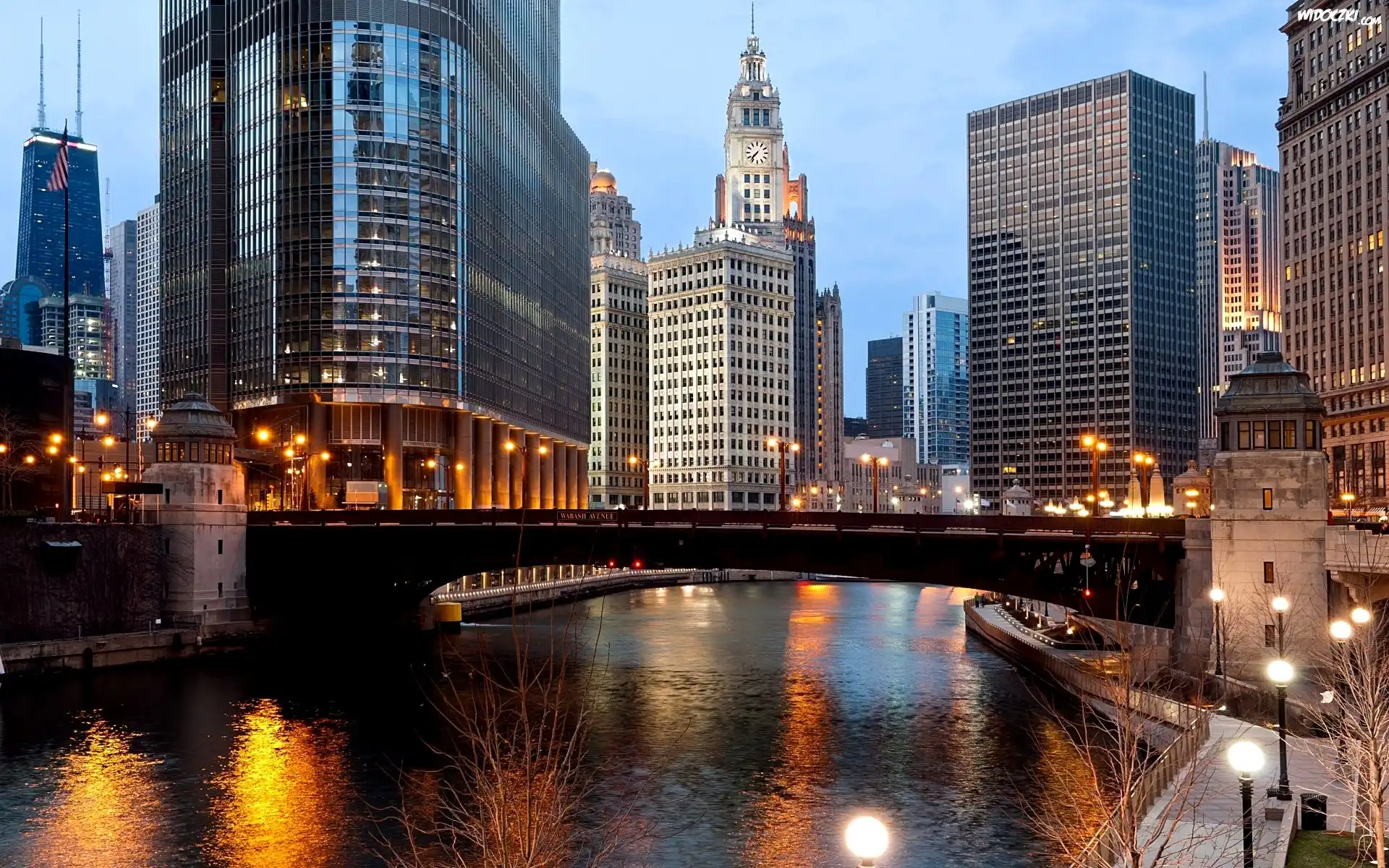 Wieżowce, Most, Rzeka, Chicago, USA