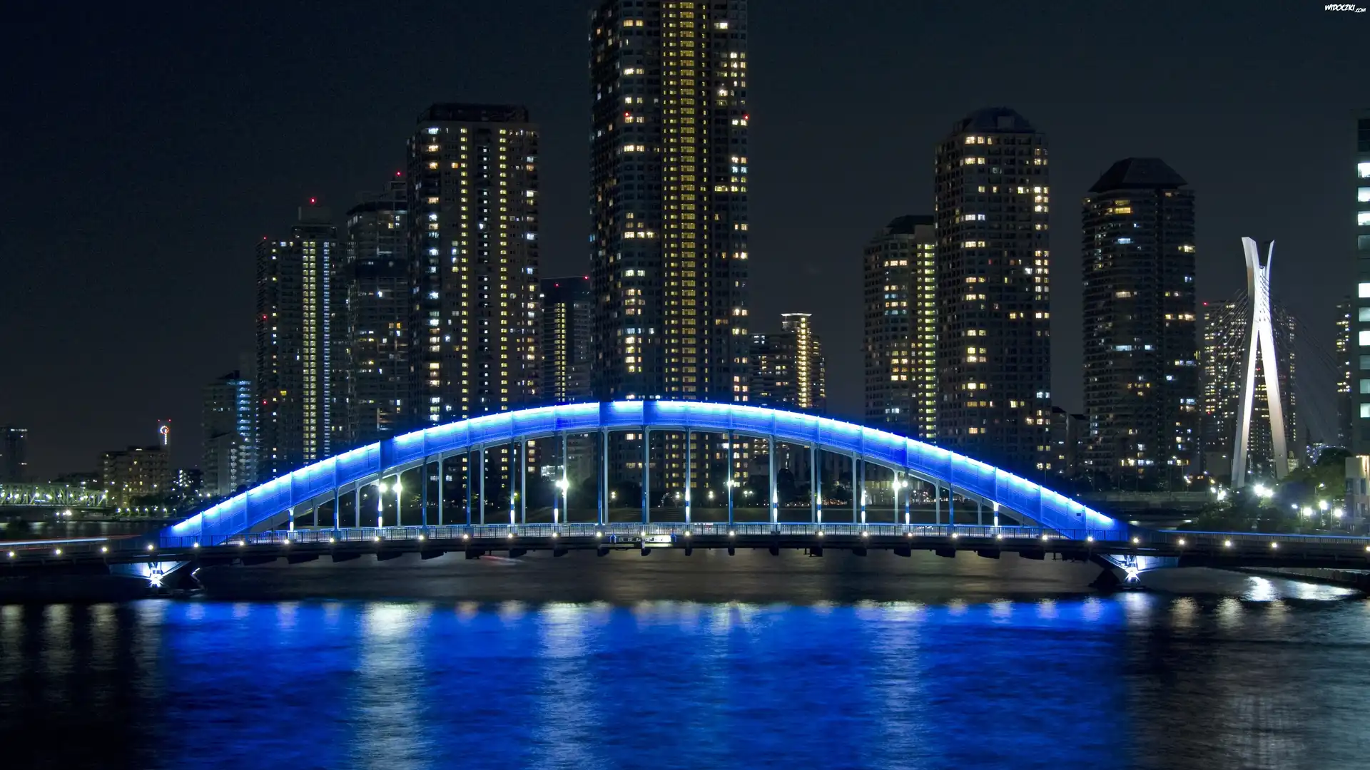 Wieżowce, Rzeka, Podświetlany, Most, Tokyo