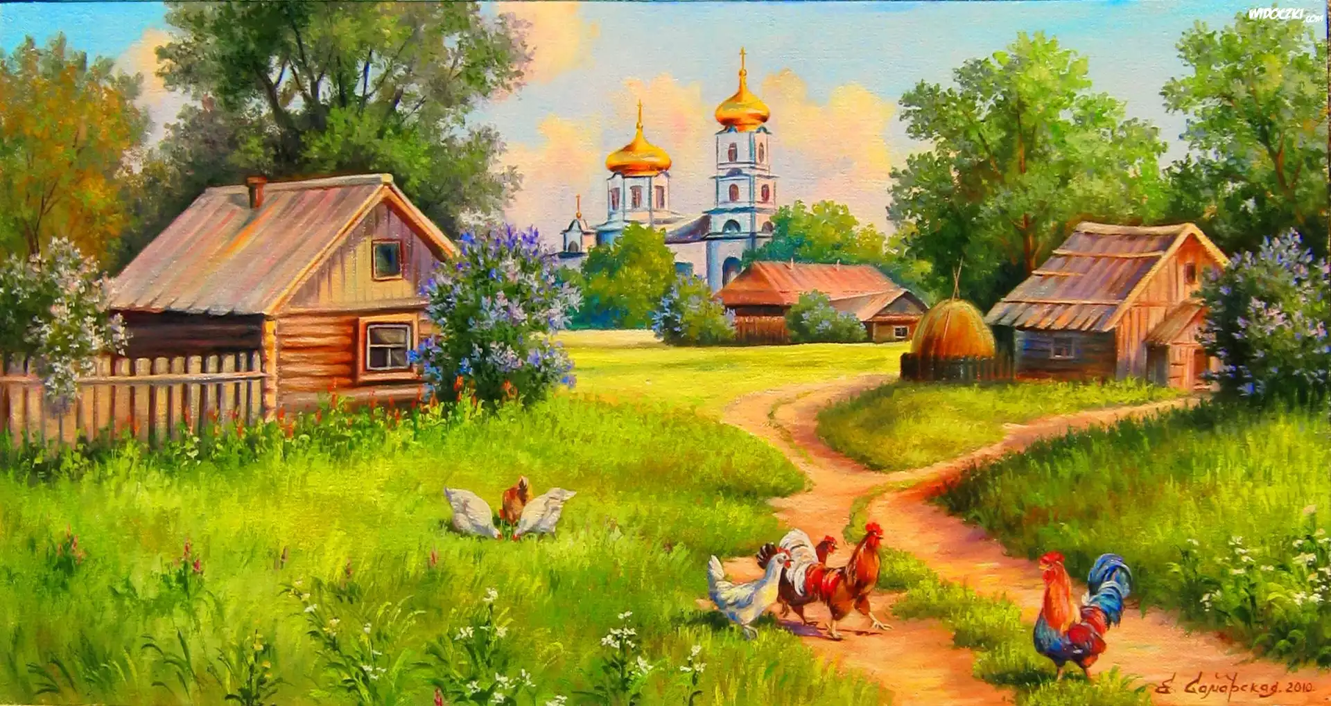 Wioska, Domy, Kościół, Dróżka