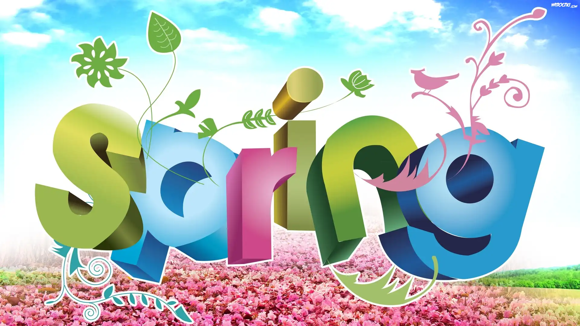 Wiosna, Kolorowy, Napis Spring, Grafika 2D