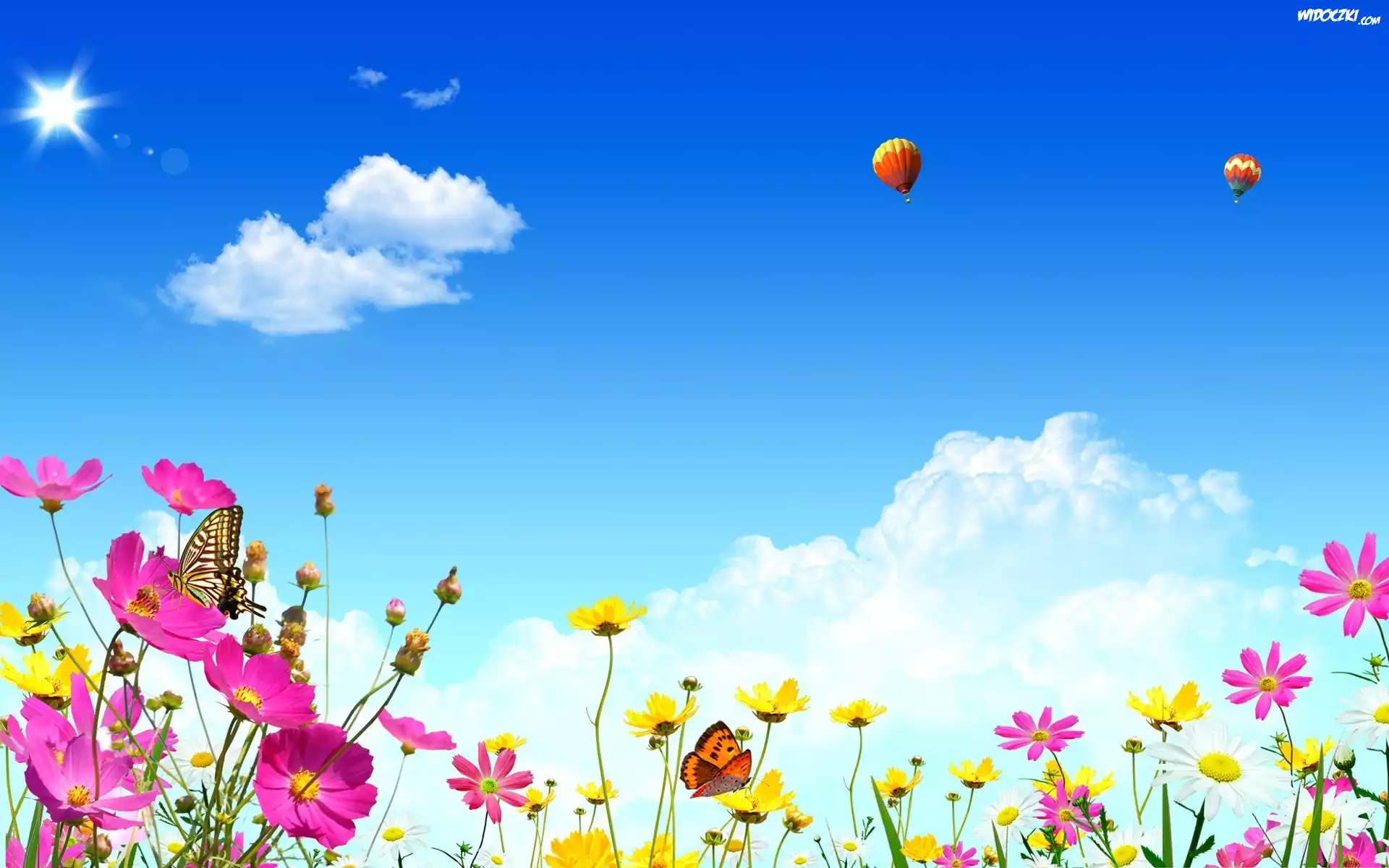 Wiosna, Kolorowe, Motyle, Kwiatki, Niebo, Balony