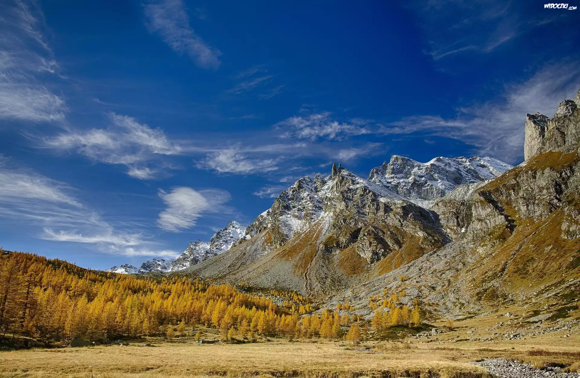 Włochy, Region Piemont, Góry Alpy, Dolina Val Buscagna, Ośrodek narciarski Alpe Devero, Jesień, Niebo, Las, Drzewa