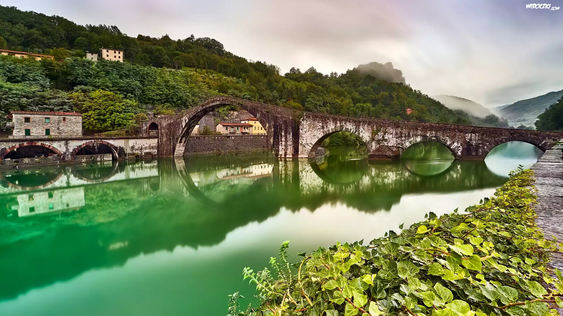 Włochy, Rzeka Serchio, Most Ponte della Maddalena, Diabelski Most, Drzewa, Domy, Roślinność, Mgła