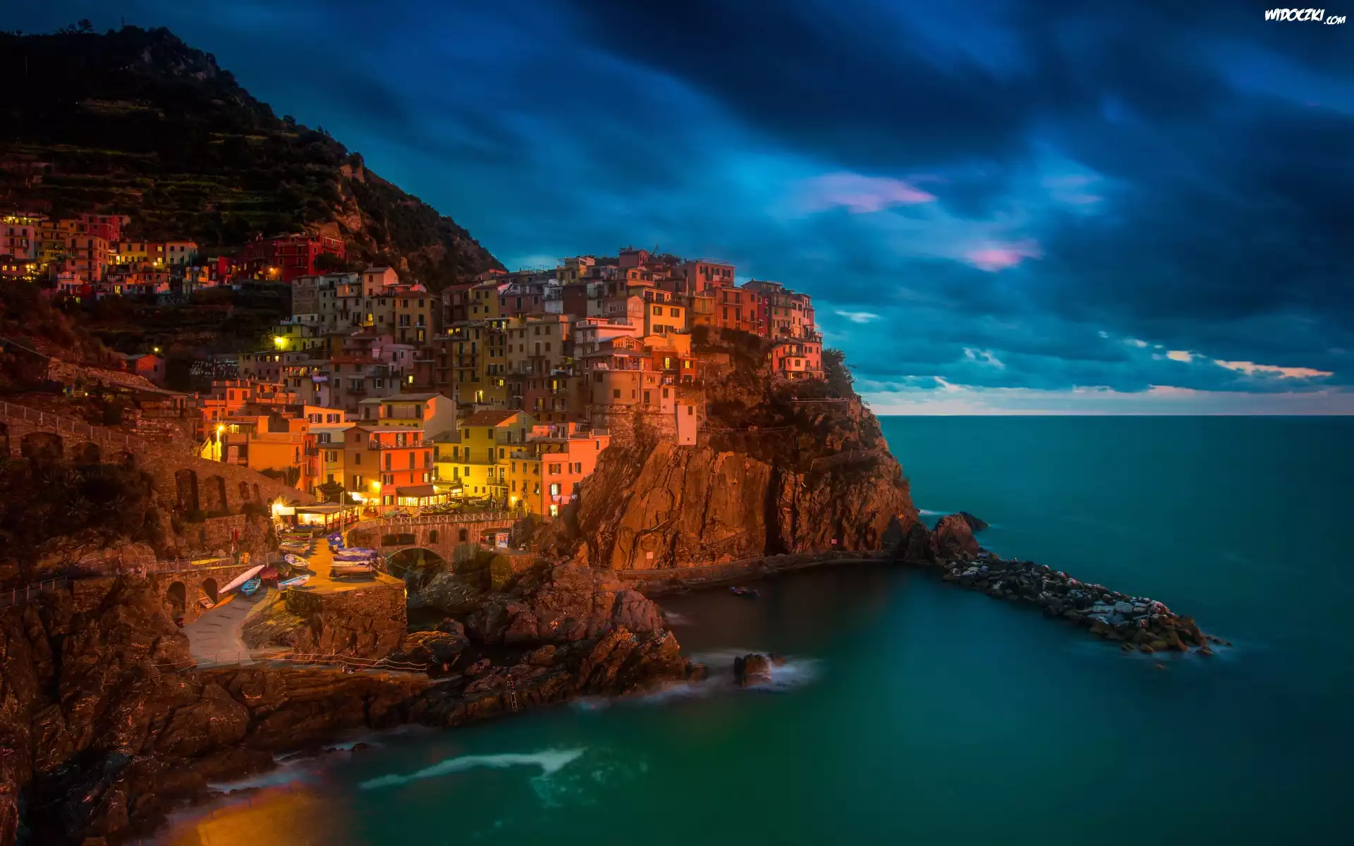 Włochy, Manarola, Morze, Noc, Domy