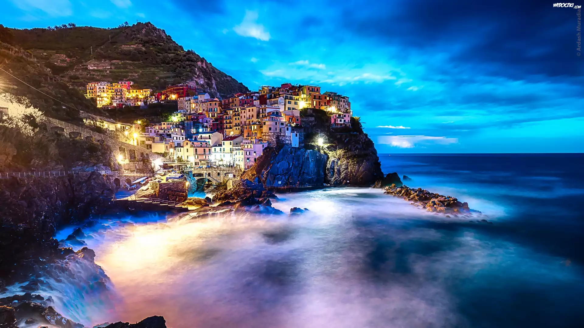 Włochy, Manarola, Domy, Skały, Wybrzeże
