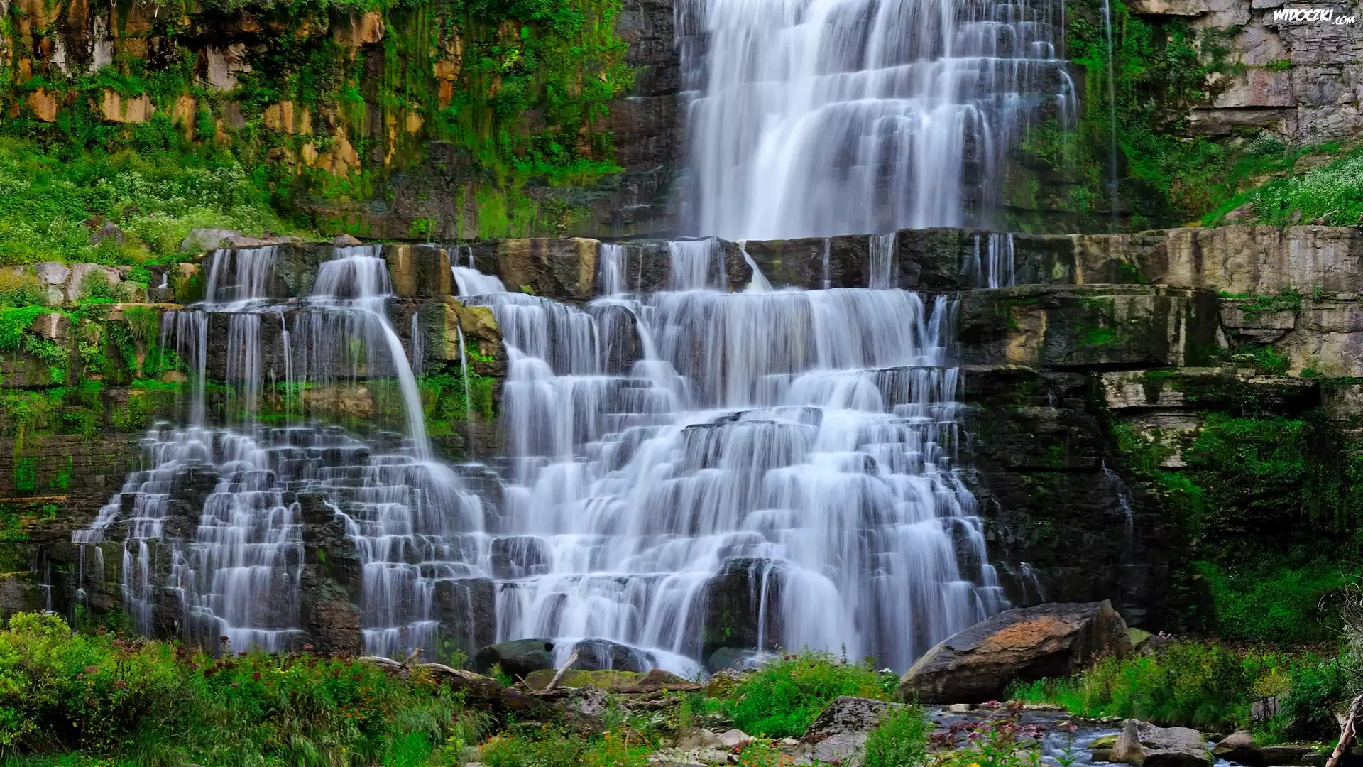 Wodospad, Chittenango Falls, Kaskada, Skały, Kamienie, Roślinność, Park miejski, Nowy Jork, Stany Zjednoczone