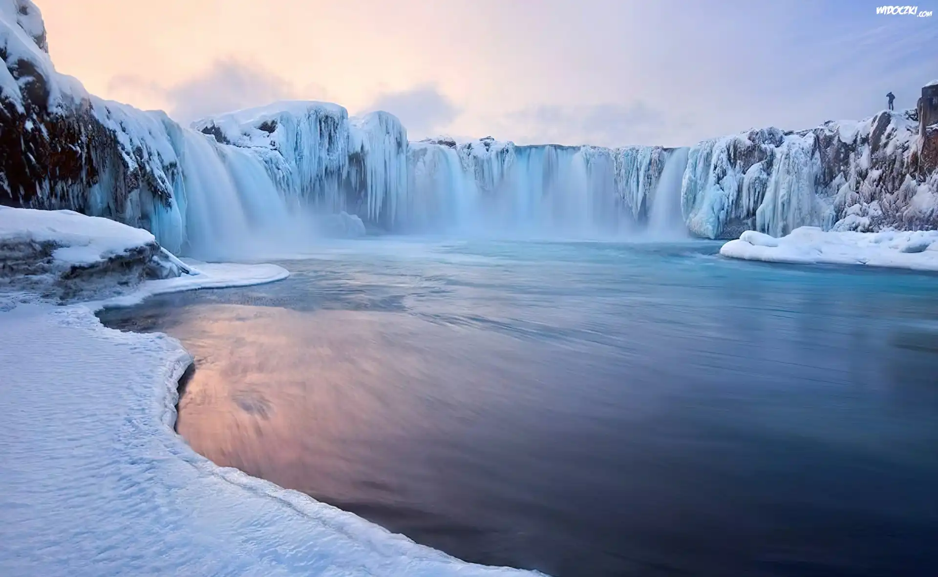 Rzeka, Wodospad Godafoss, Islandia, Zima, Åšnieg