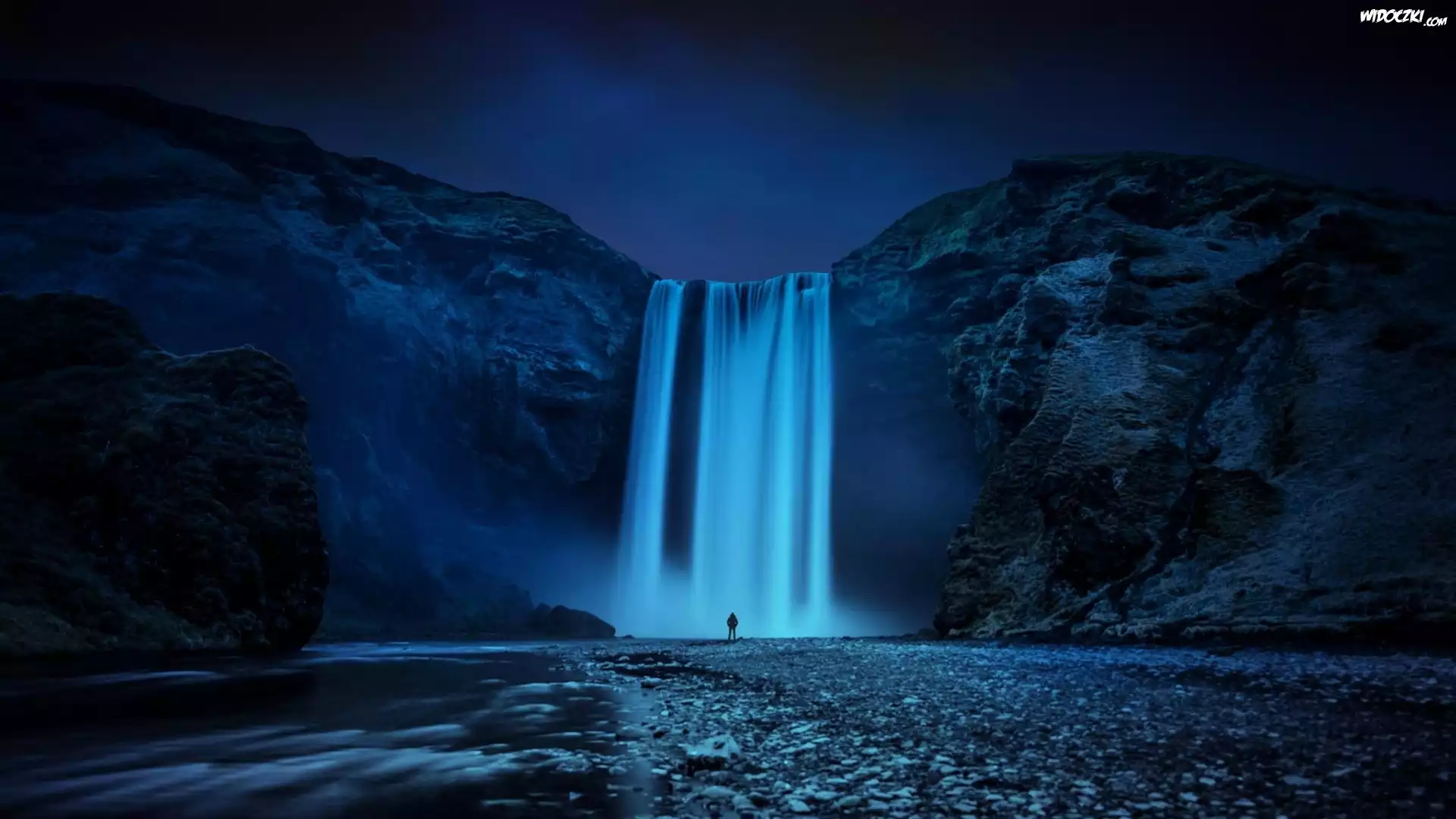 Wodospad, Skogafoss, Rzeka, Noc